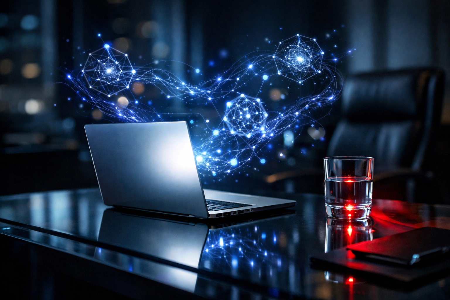 AI-driven phishing patterns over a business laptop illustrating advanced cybersecurity threats for local organizations.