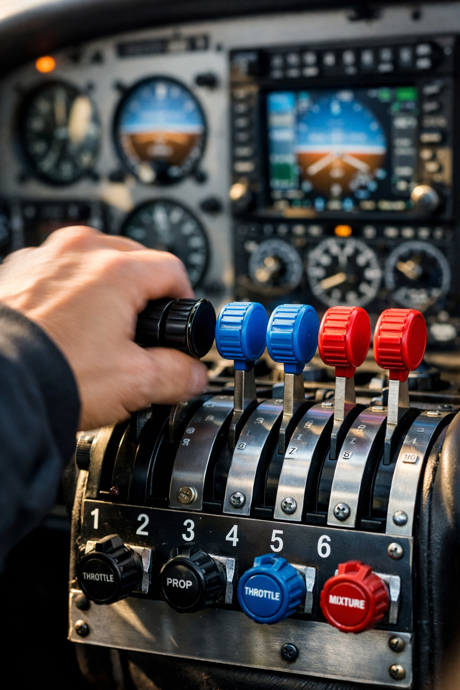 Pilot's hand adjusting throttles and propellers during multi-engine engine-out training.