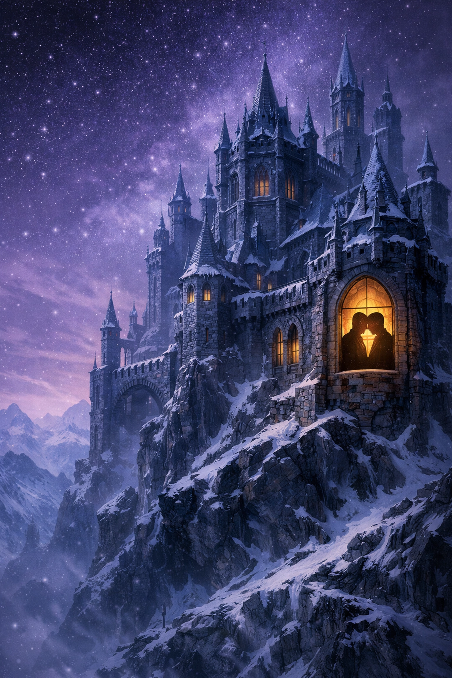 A snowy gothic castle at night, the perfect setting for dramatic historical MM romance novels.