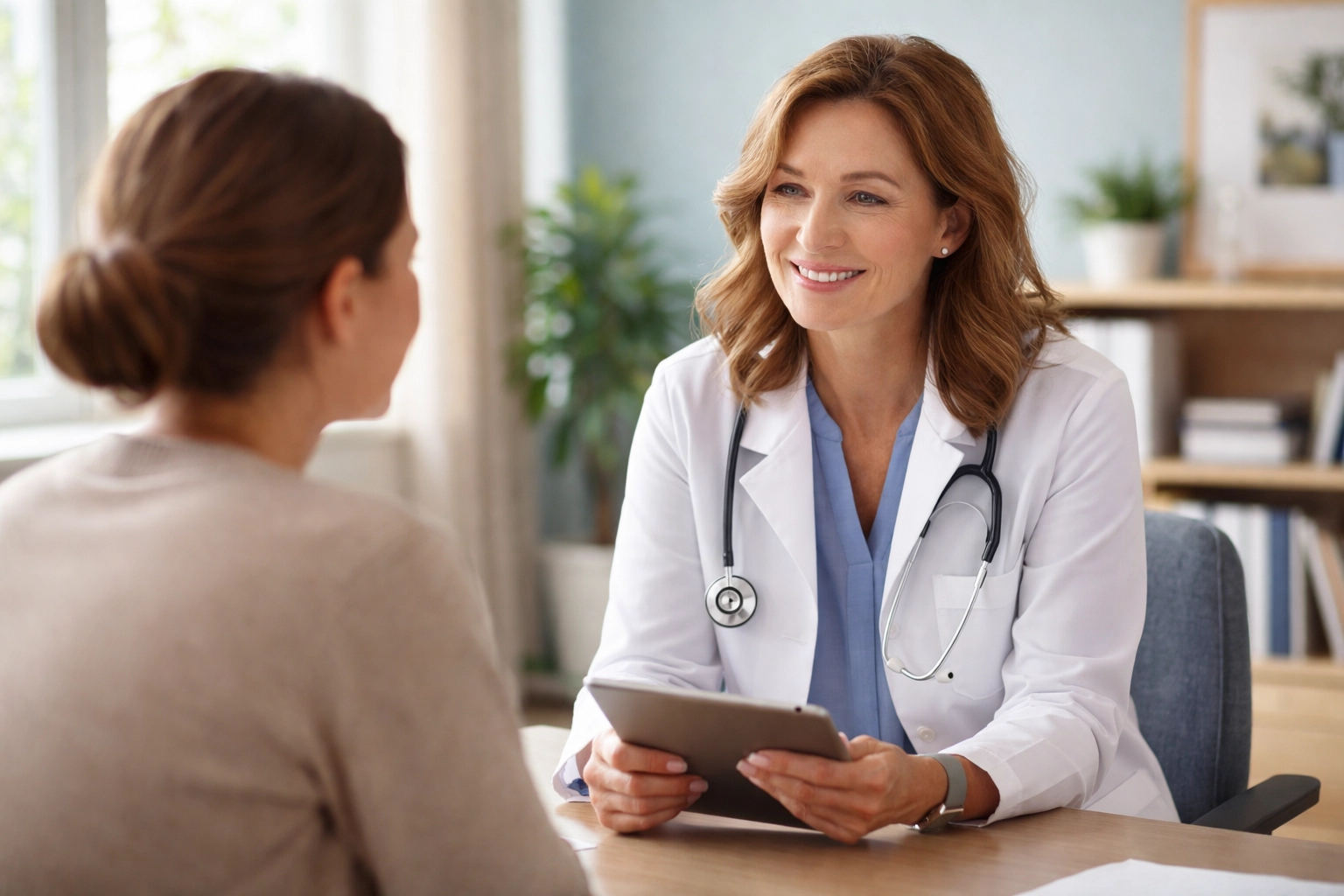 Female doctor speaks attentively with patient in modern office, highlighting concierge medicine's personalized care