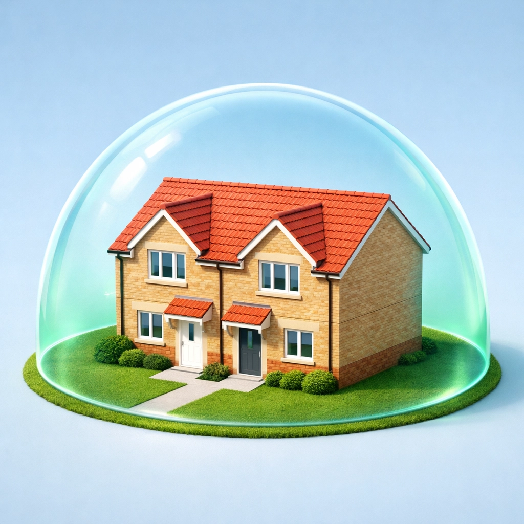 House protected by transparent shield illustrating asset protection trust UK concept