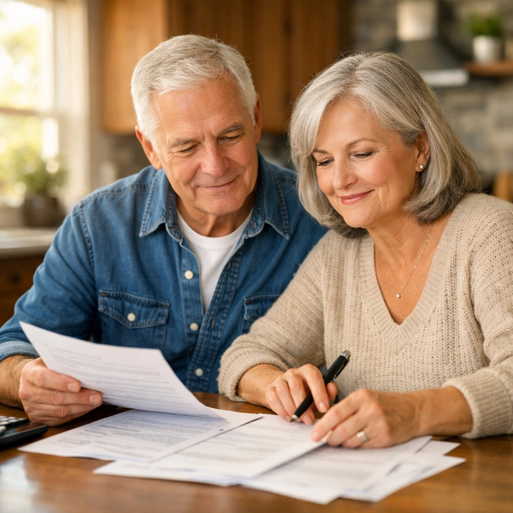 Senior couple reviewing reverse mortgage documents in Washington home