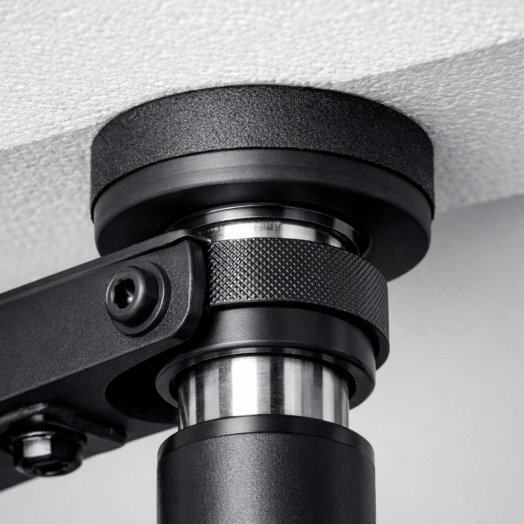 Secure ceiling pressure pad of a floor to ceiling gym rail, a perfect no wall damage workout system.