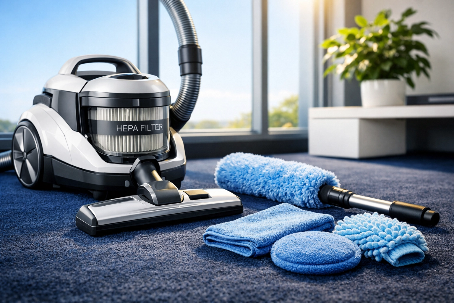 HEPA-filter vacuum and cleaning equipment used for healthy, dust-free office air quality.