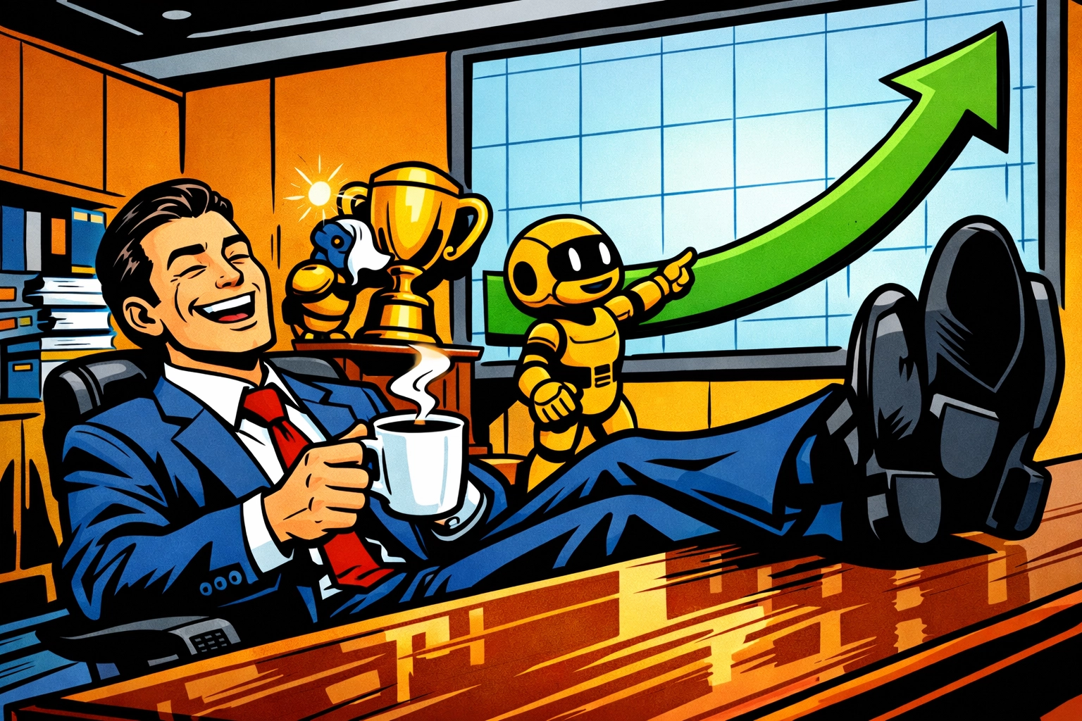 A successful business owner relaxing while helpful robots manage efficient business automation tasks.