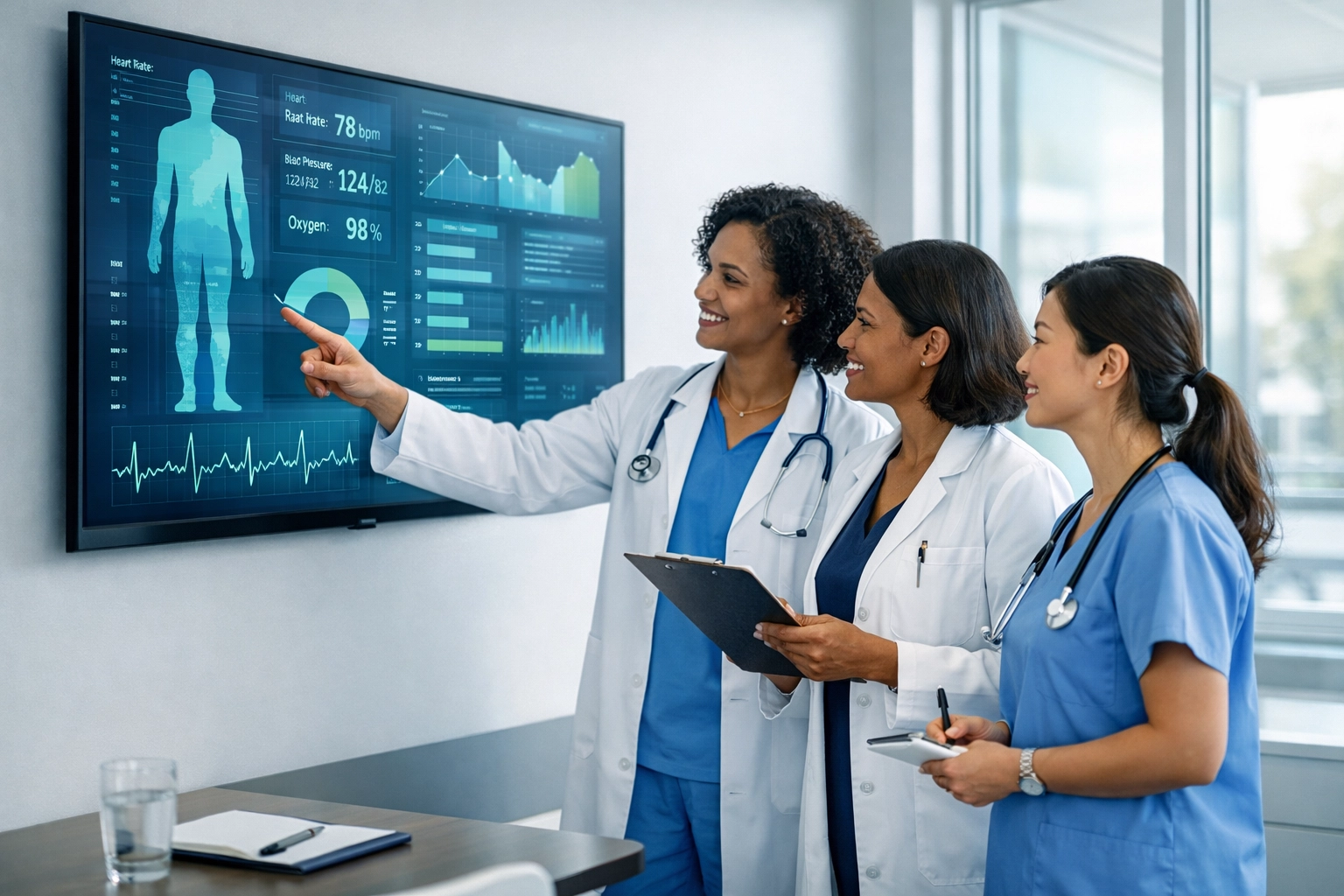 Medical team collaborating on patient data using digital display for early detection and care decisions