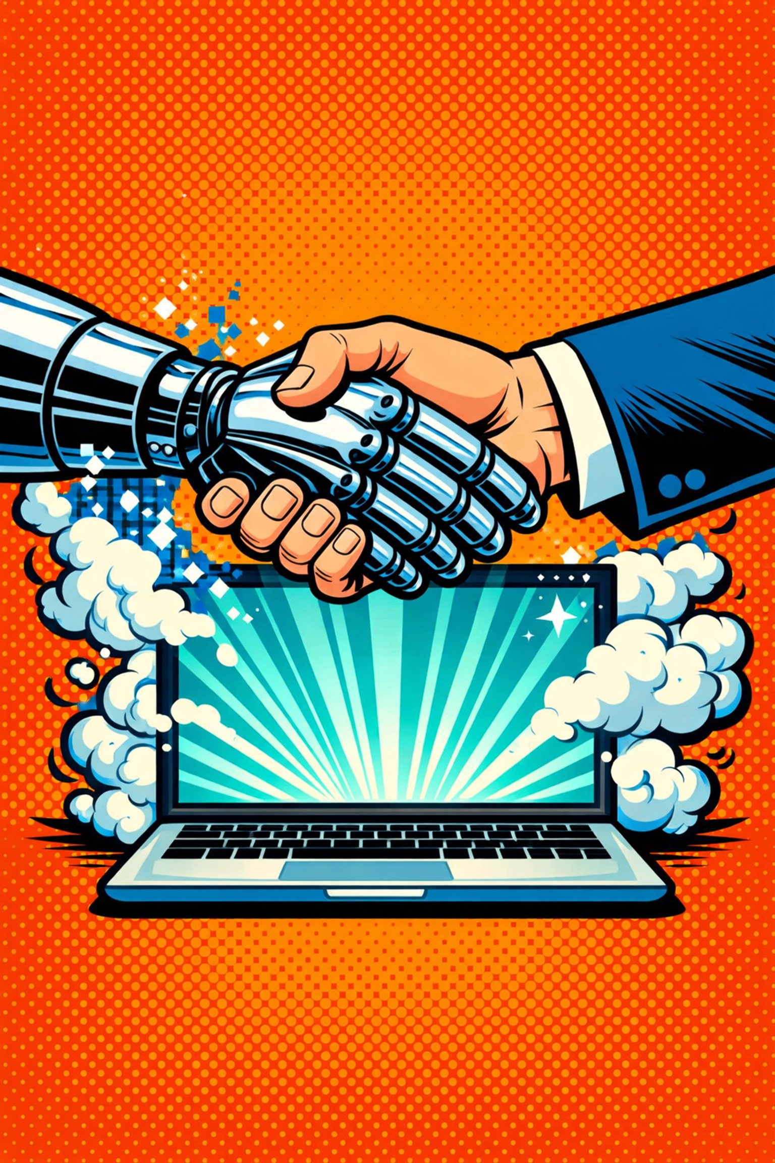 Human and robot handshake representing efficient workflow automation for small business.