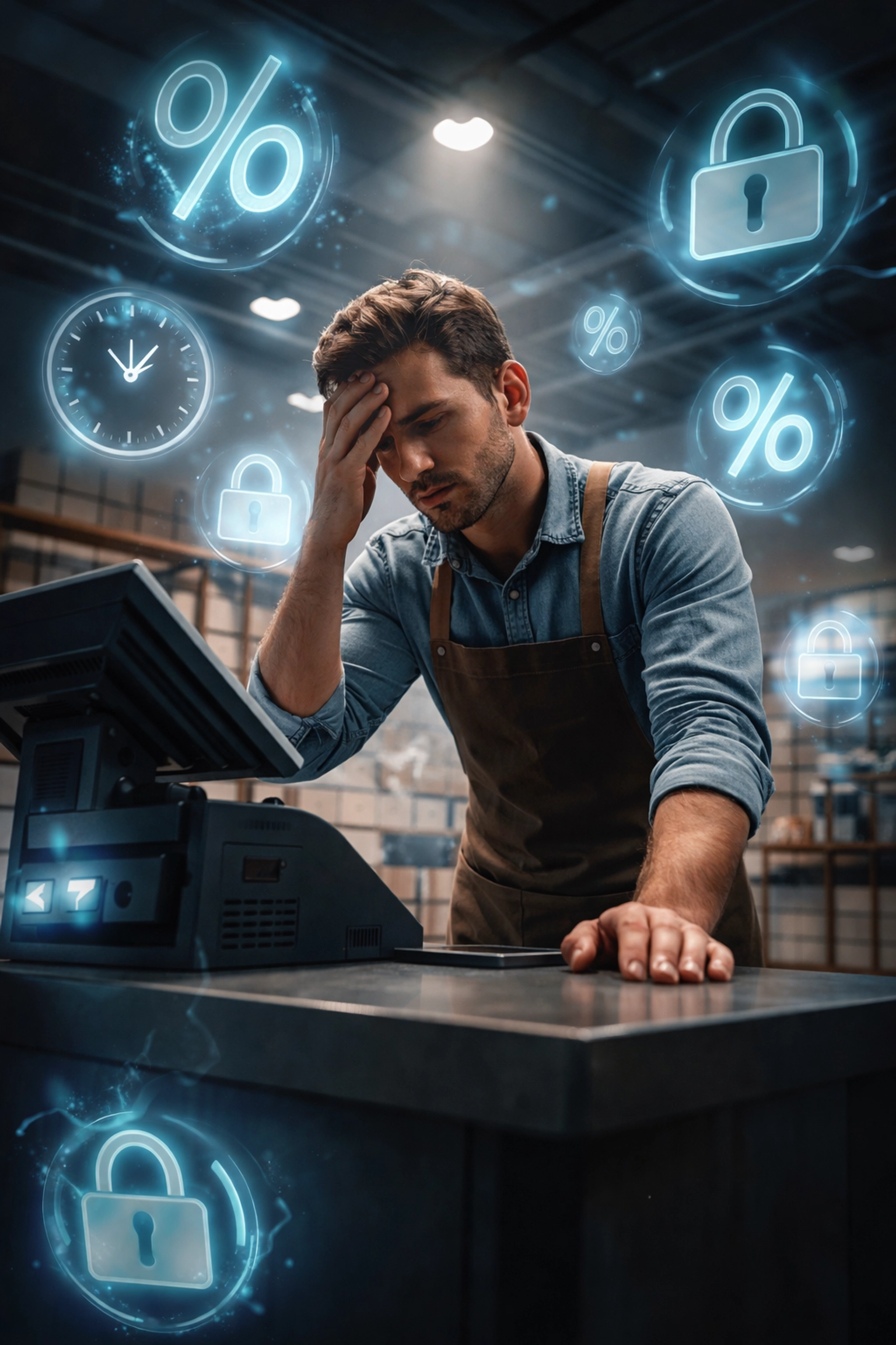 Frustrated merchant at checkout counter surrounded by icons highlighting hidden fees, slow crypto payments, and custody issues