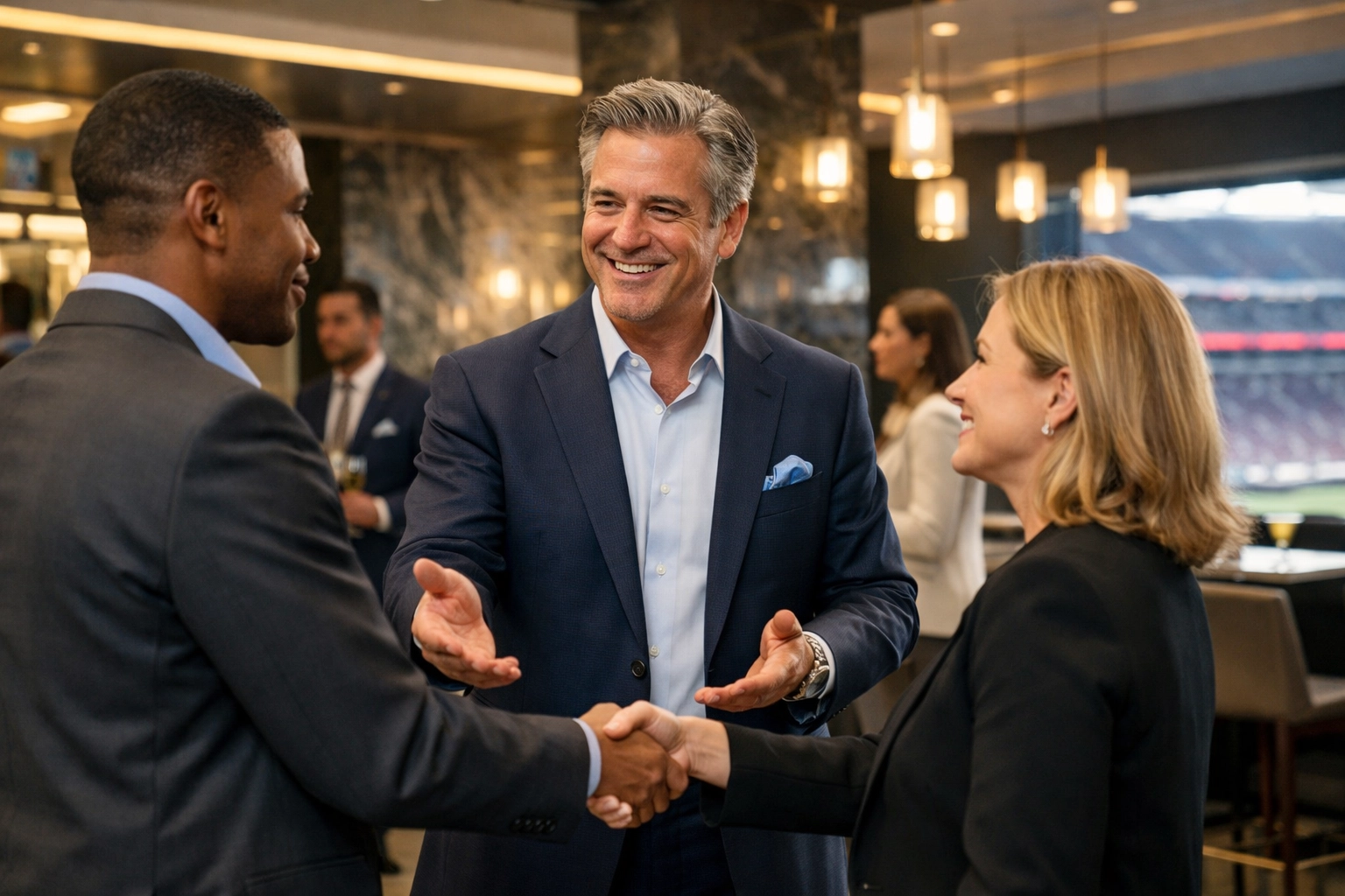 A professional executive making introductions in a VIP stadium lounge for corporate networking.