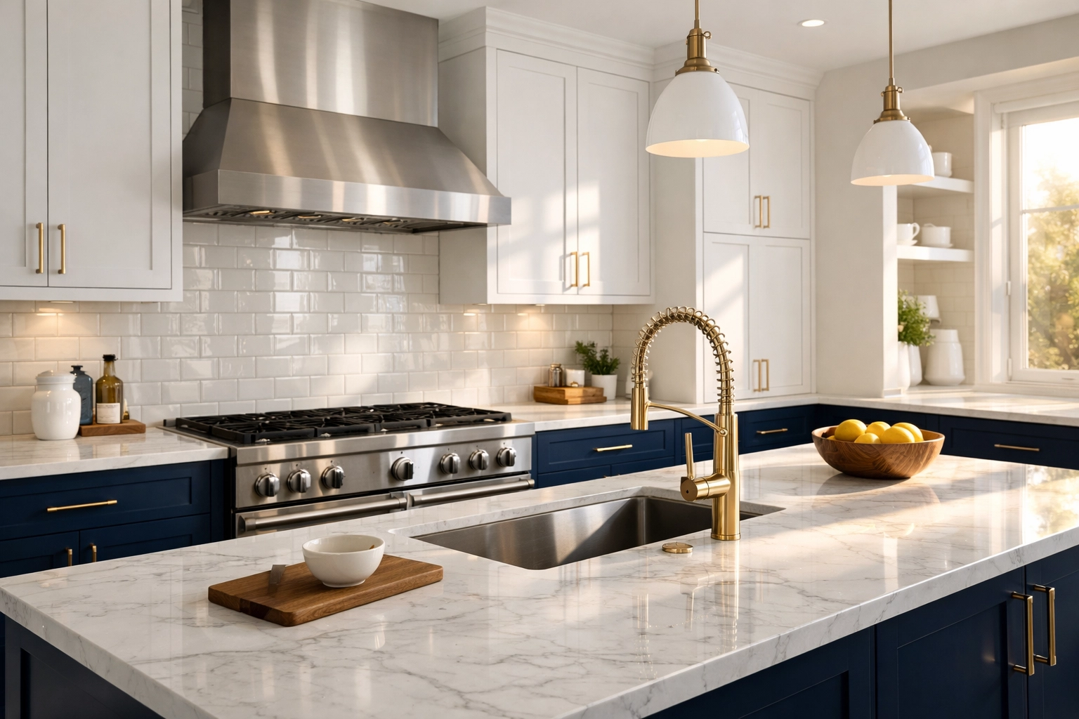 Spotless luxury kitchen in Mansfield with clean marble countertops and tile backsplash after professional deep cleaning.