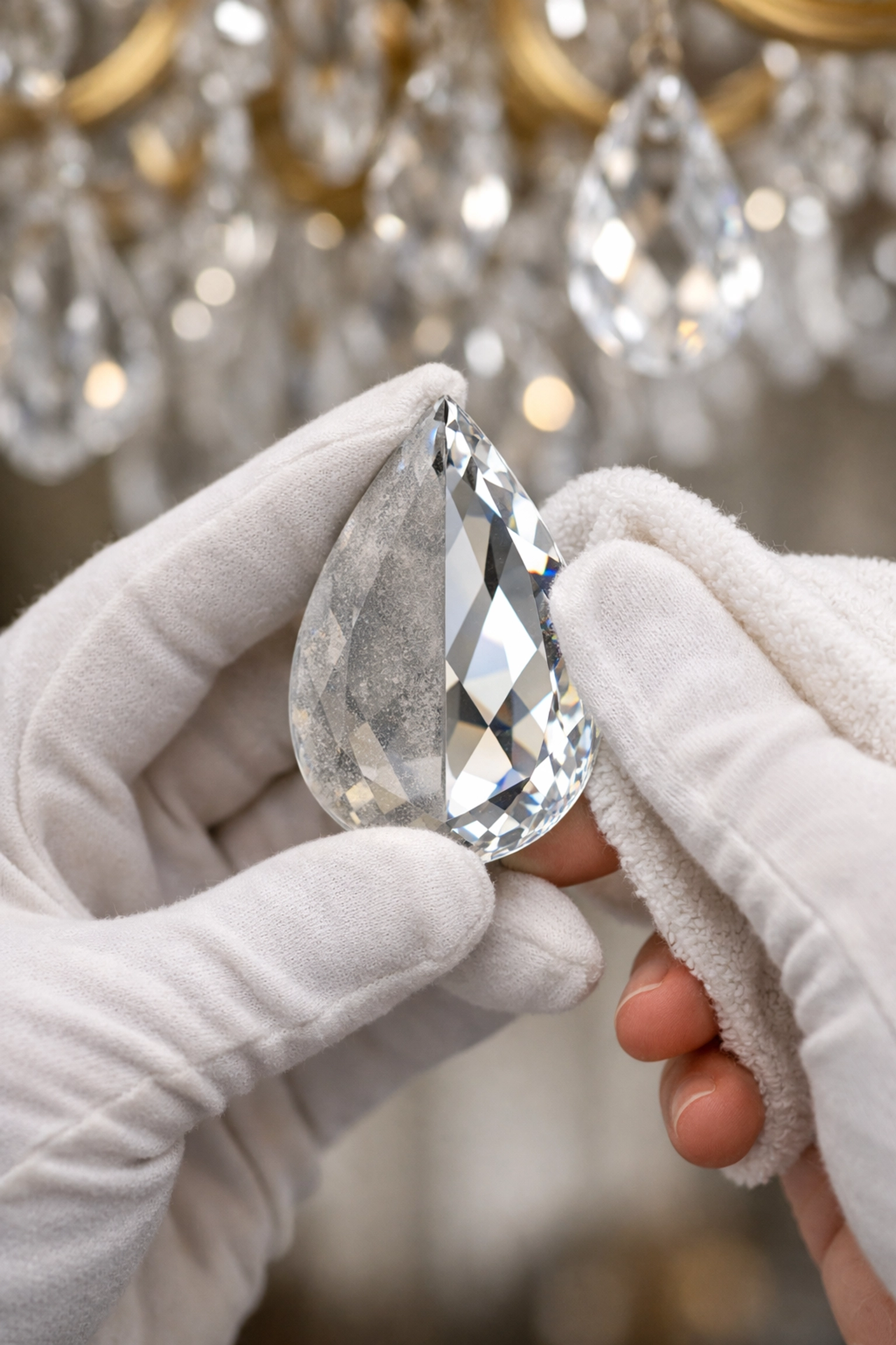 Professional cleaner hand-polishing a chandelier crystal with white gloves to remove dust and restore sparkle.