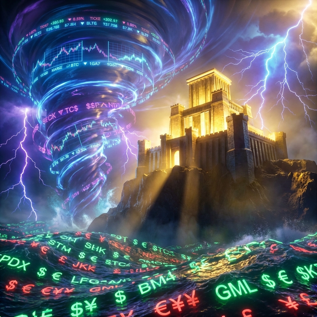 Fortress representing stability in a financial storm, illustrating hedge fund strategies for market volatility in 2026.
