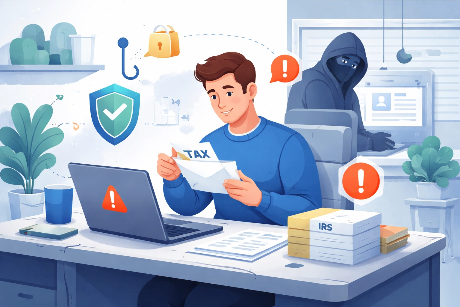 Illustration of a cautious taxpayer securing personal tax documents against scams in a modern New Haven home office.