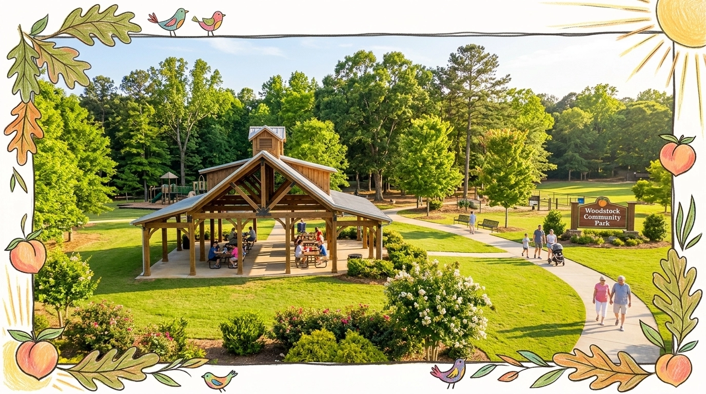 Peaceful community park pavilion in Woodstock with hand-drawn accents