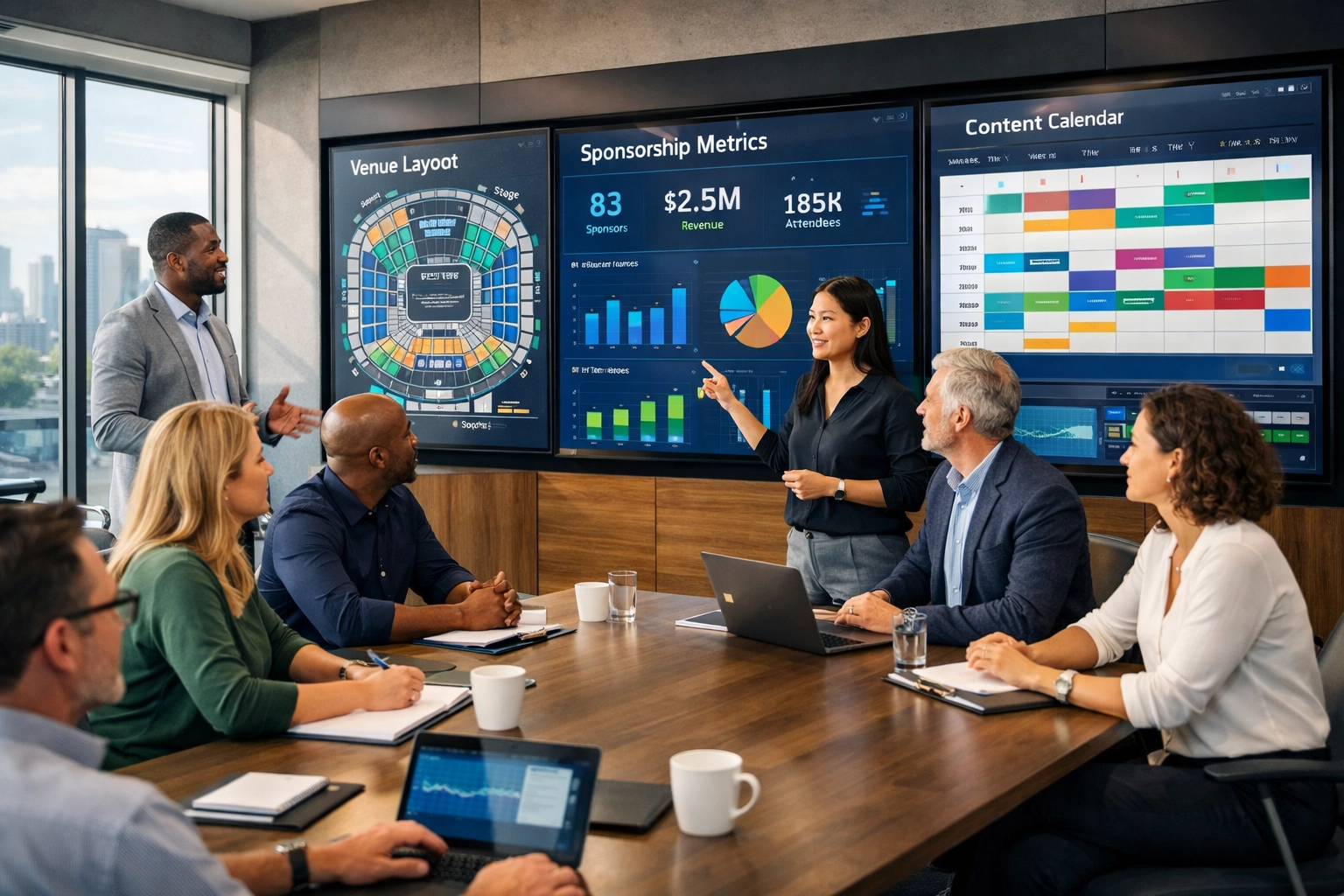 Team collaborating on venue management dashboards and digital media analytics for Dakdan framework