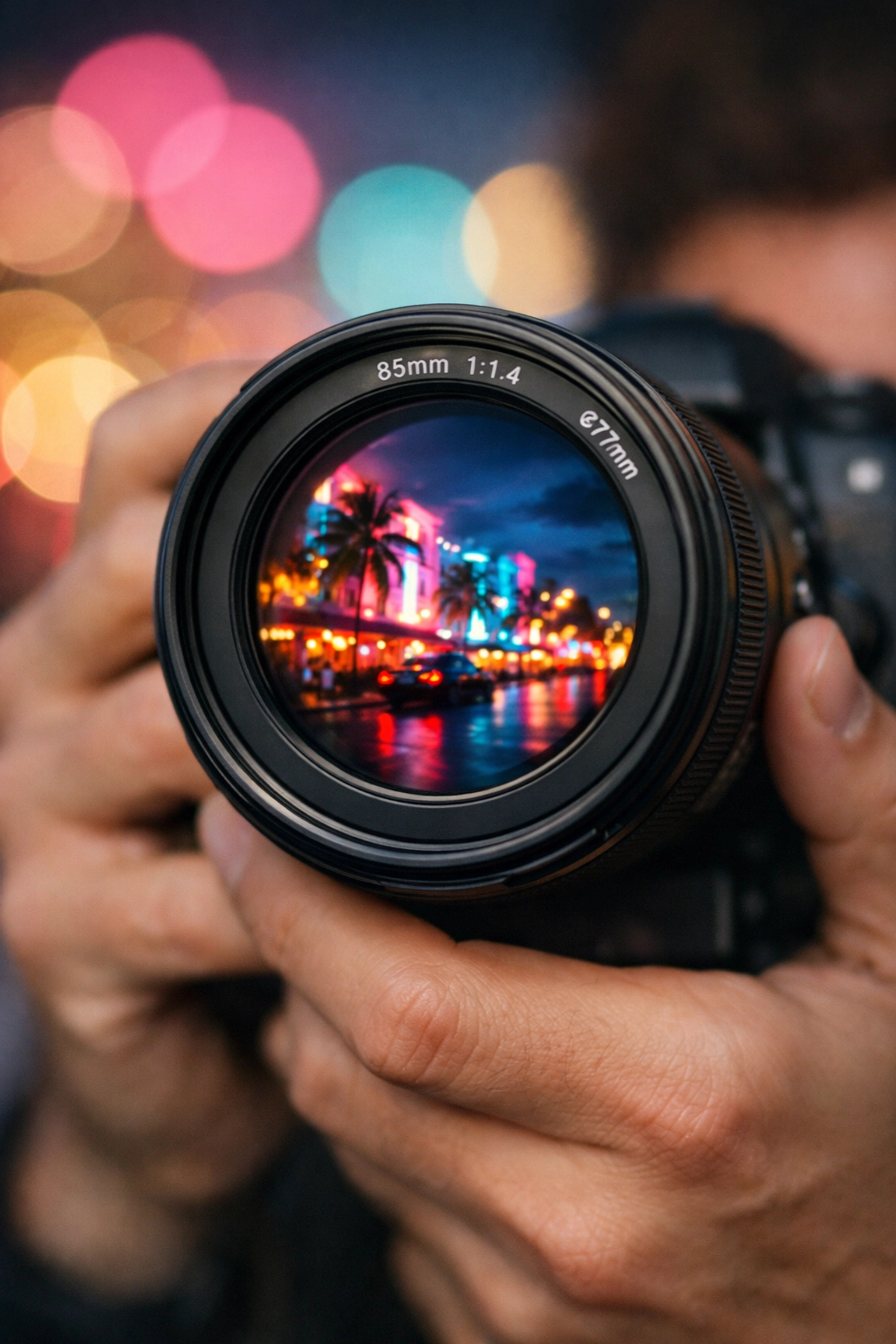 Professional camera lens reflecting Miami neon lights for high-end brand photography sessions.