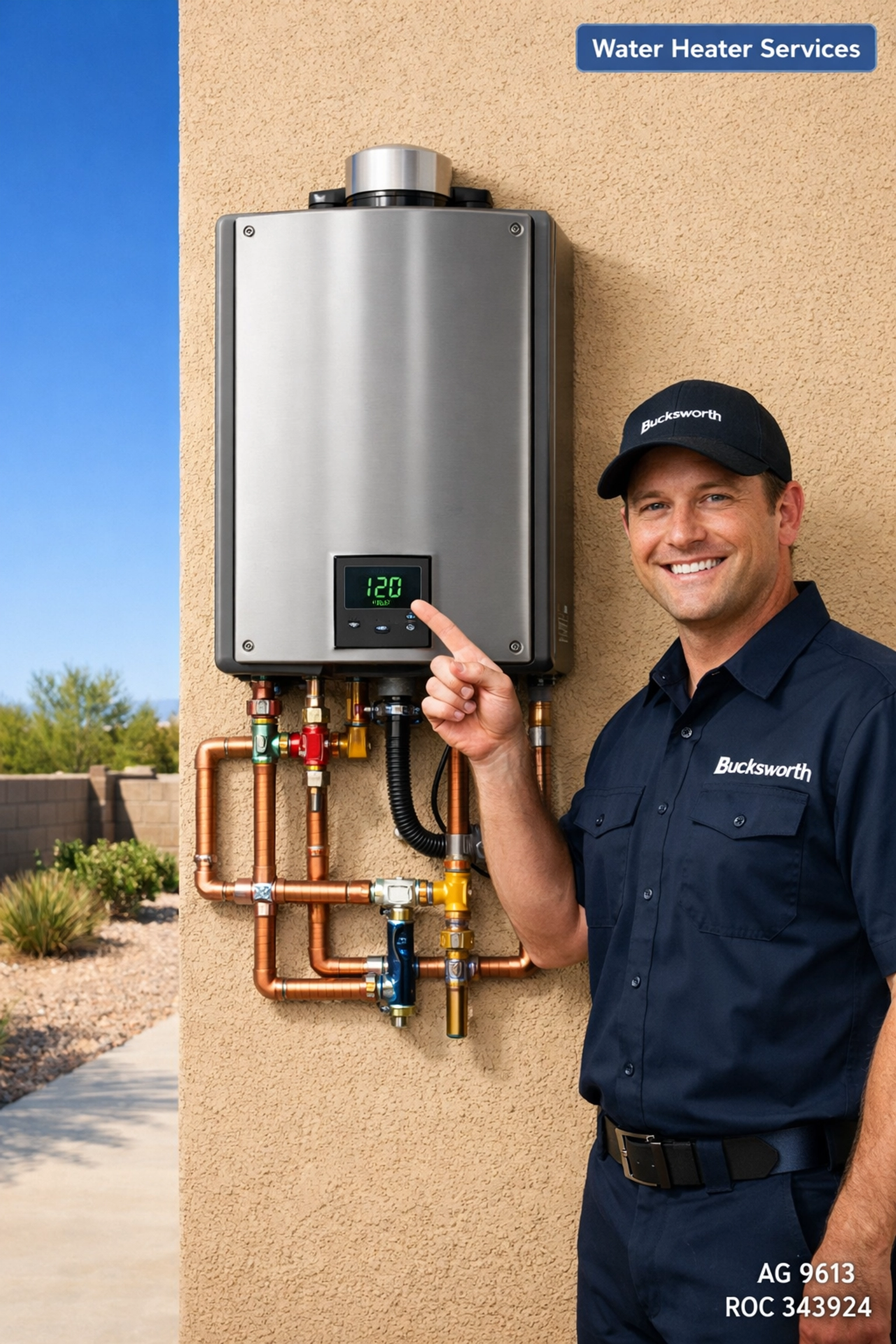 Professional tankless water heater installation by Bucksworth Home Services in Mesa, Arizona.