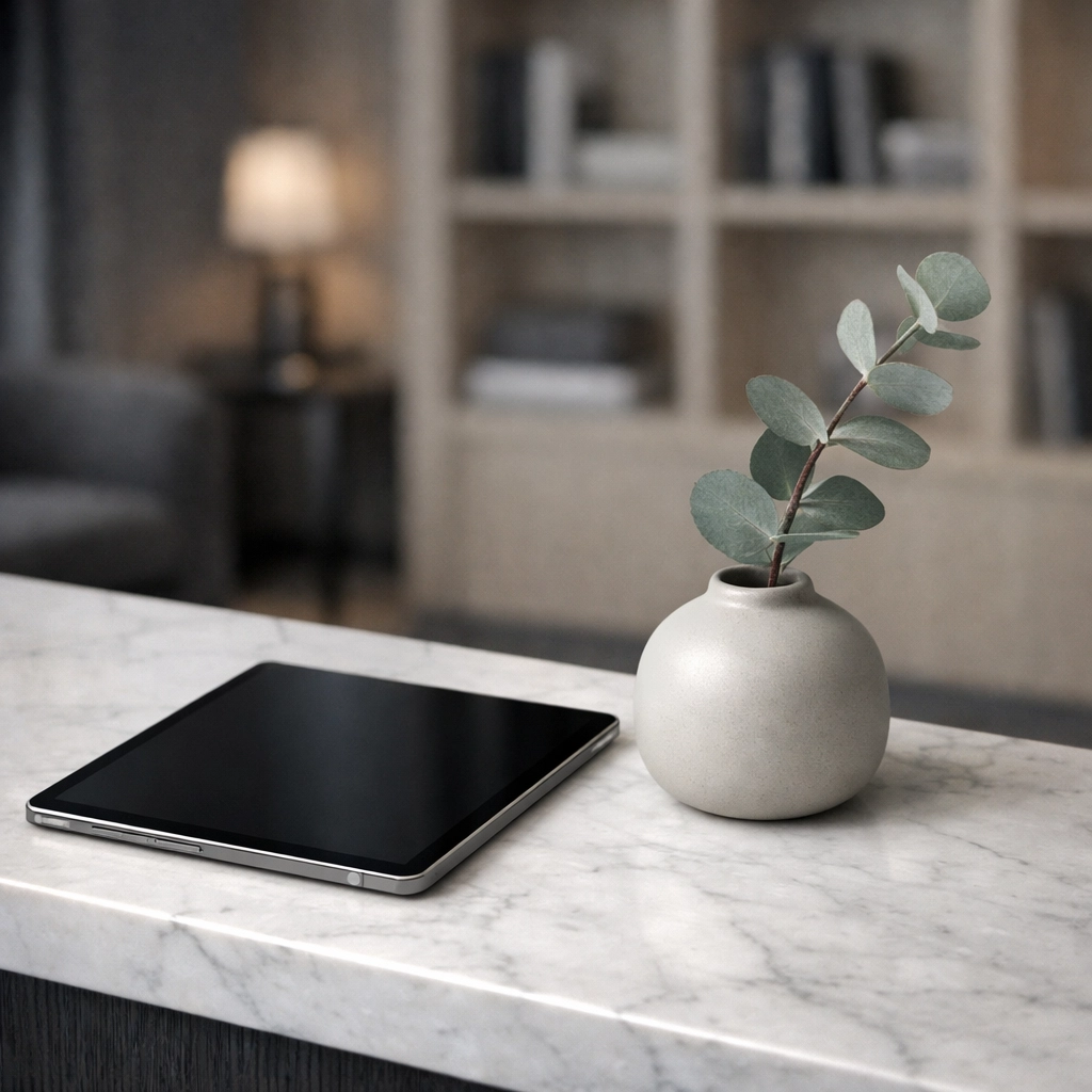 Hotel management software on a tablet at a high-end concierge desk for improved operational ROI.