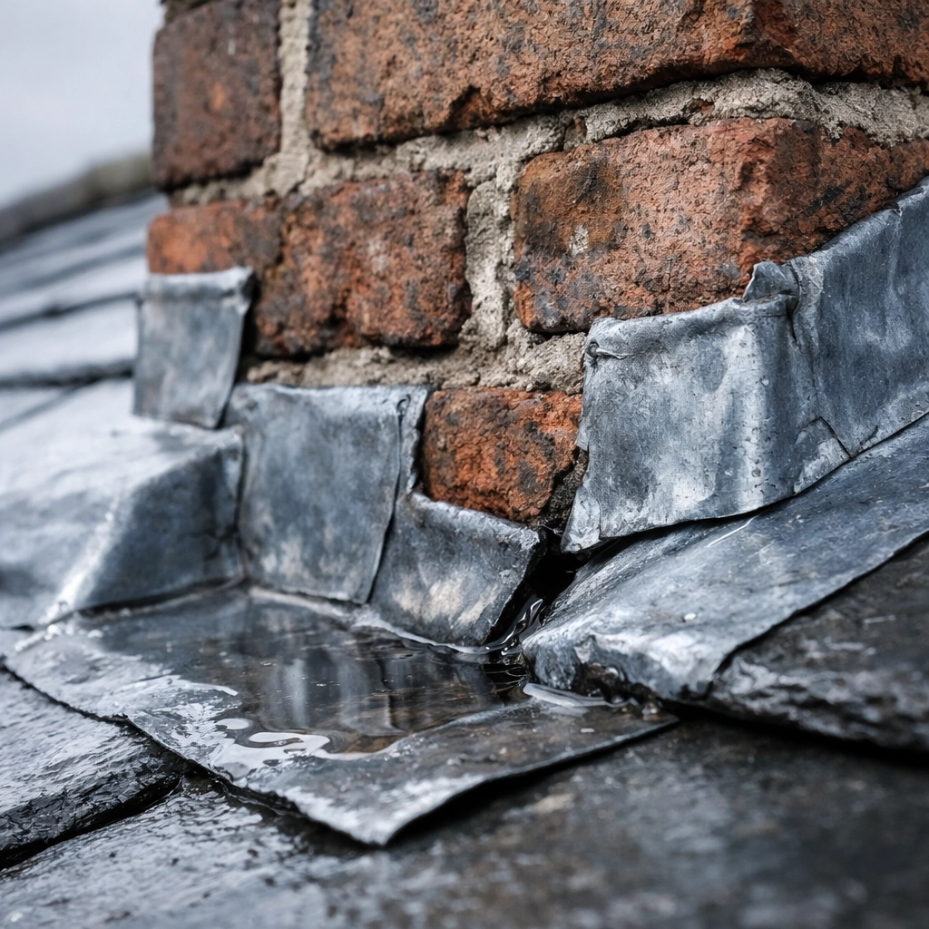 Damaged lead flashing around brick chimney showing gaps where water enters the roof