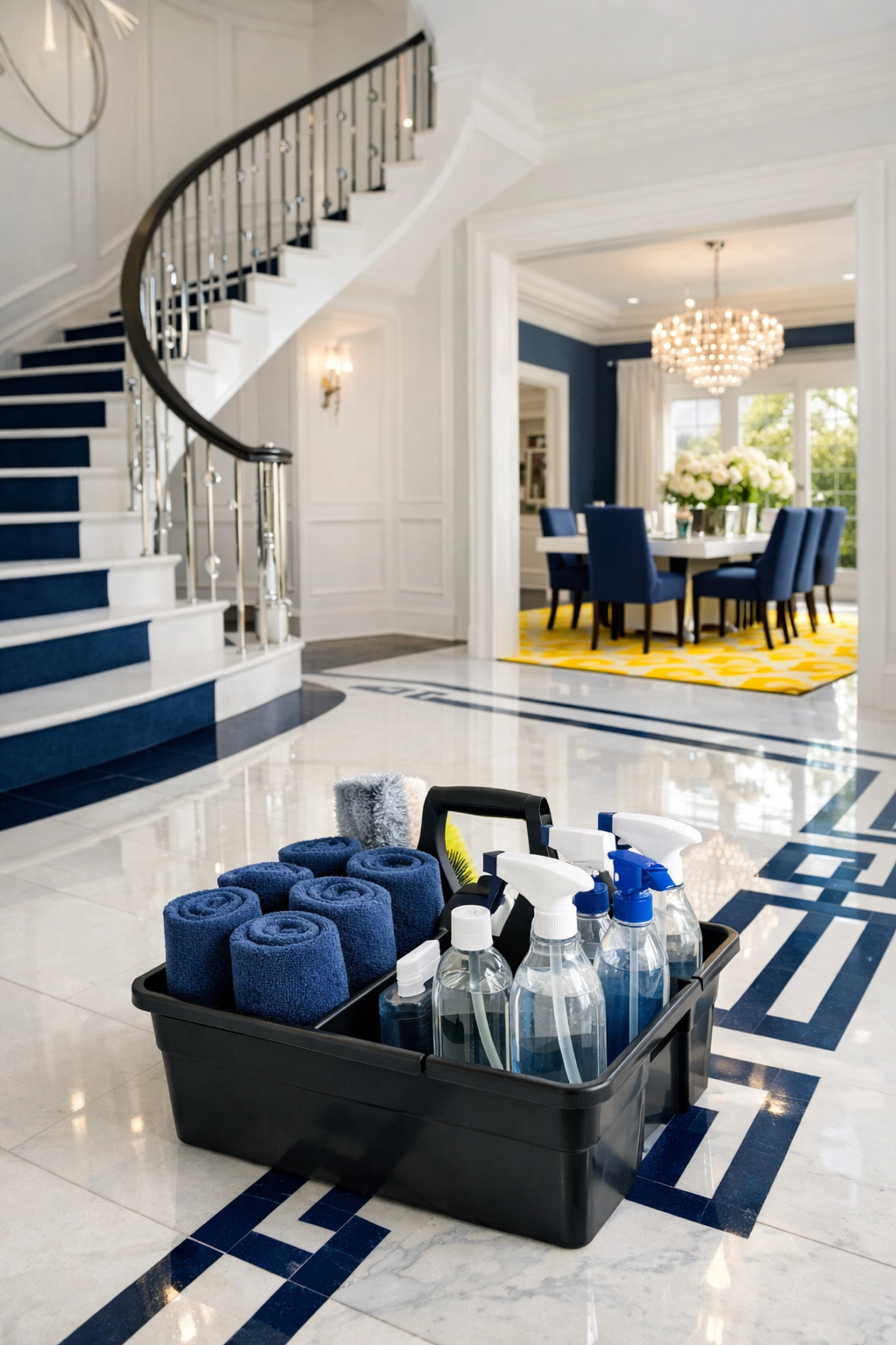 Professional cleaning supplies in a luxury foyer showing the quality of bi-weekly house cleaning Franklin services.