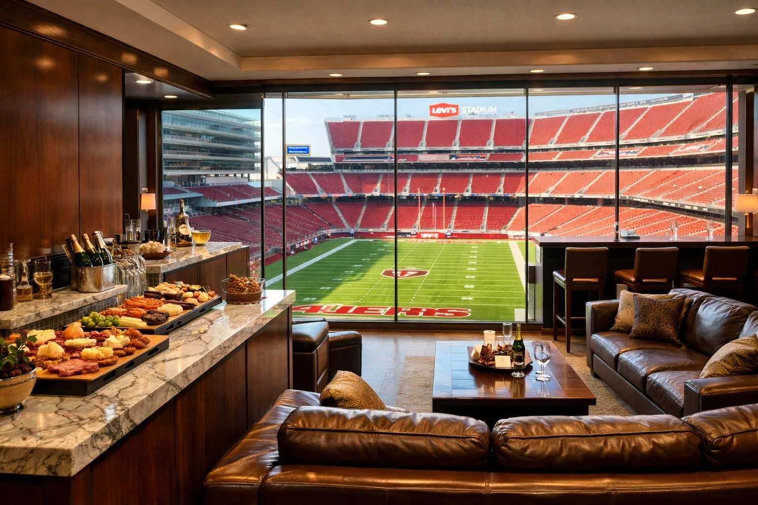 Luxury Super Bowl corporate hospitality suite overlooking the field at Levi