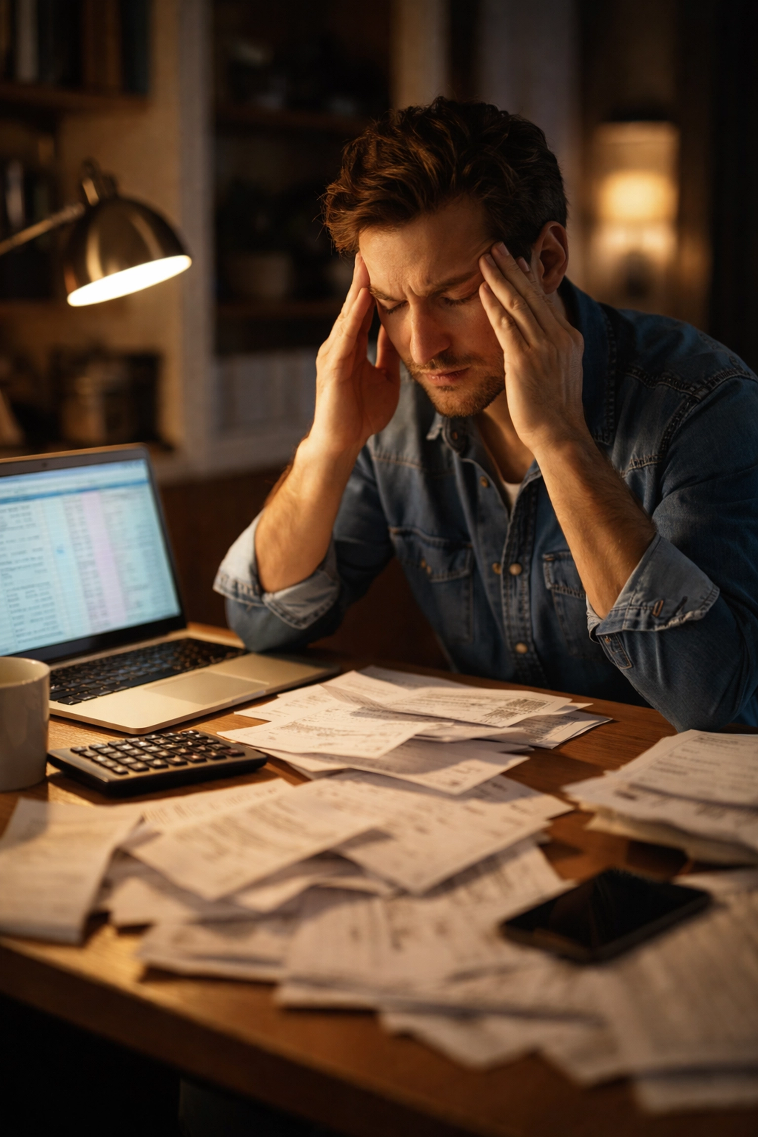 Business owner looking stressed at a cluttered desk late at night, representing the time burden of DIY accounting