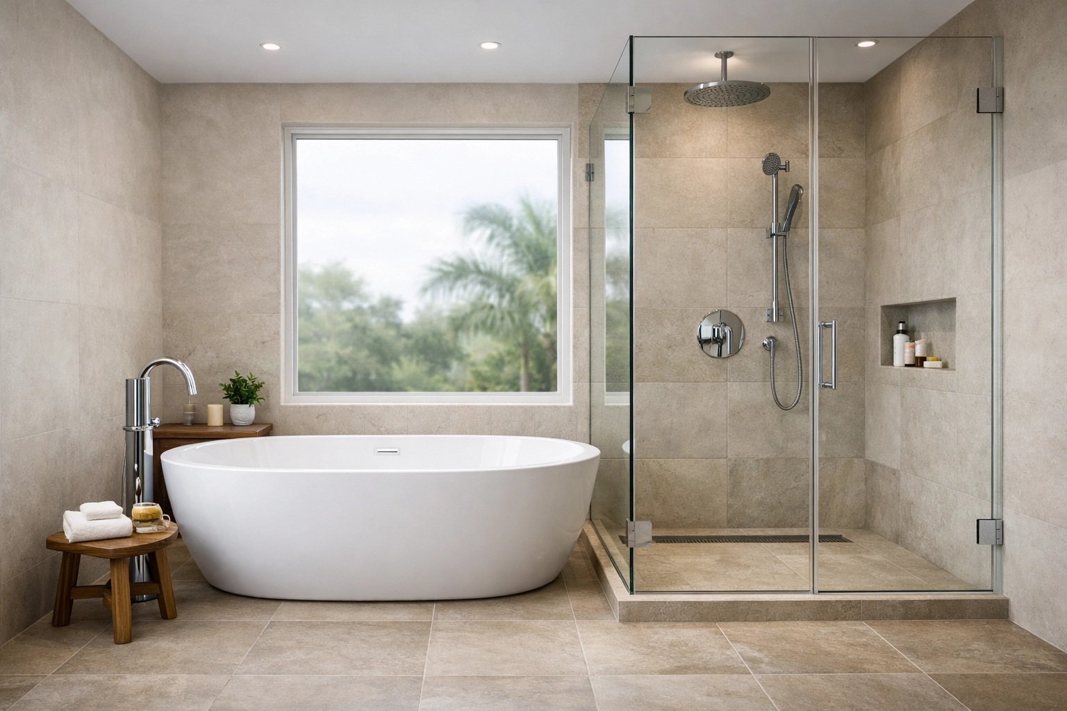 Serene bathroom renovation Orlando showcasing a modern wet room with a freestanding tub and glass shower.