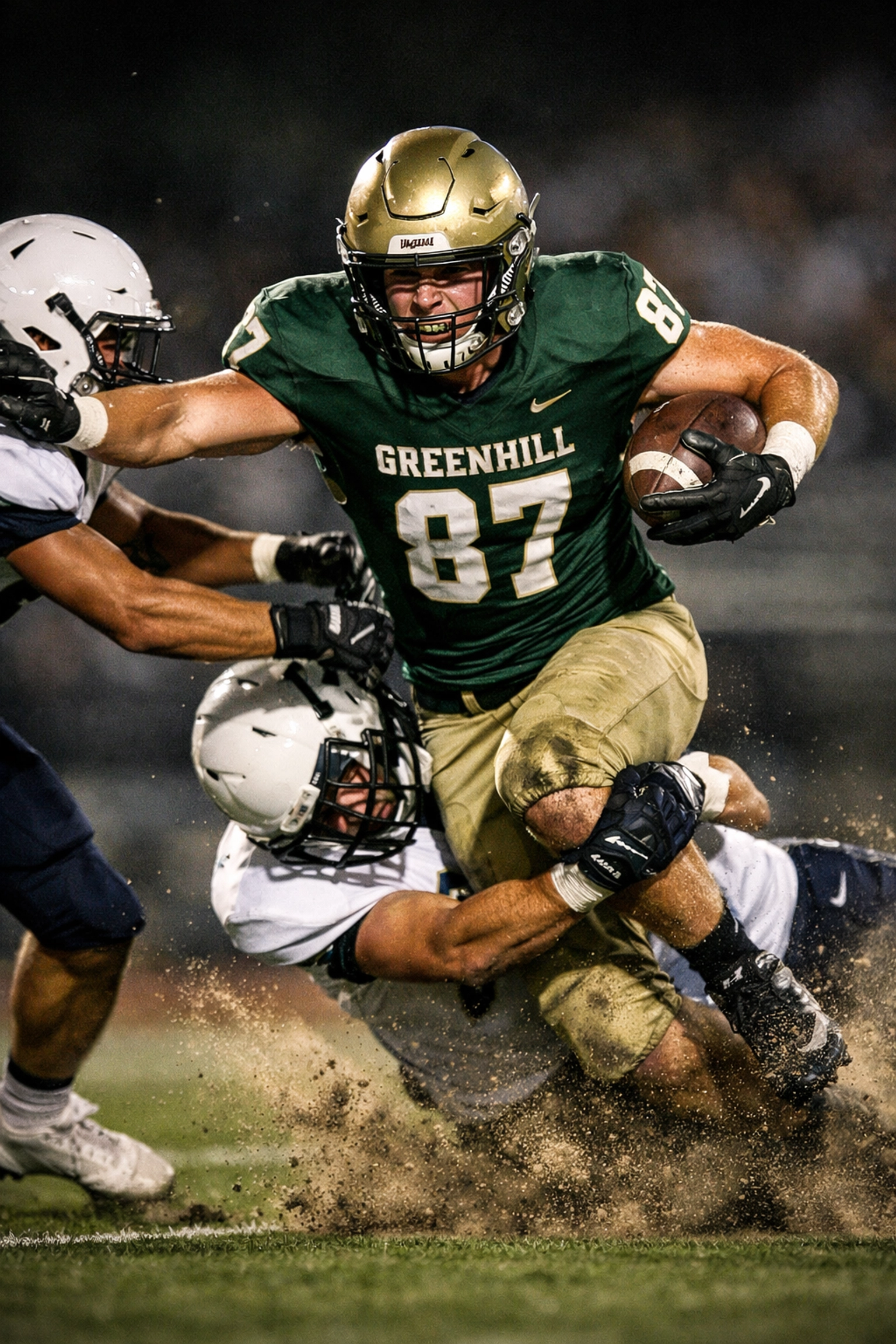 Class of 2029 tight end Grayson Gordon breaking tackles in Greenhill uniform showing physicality