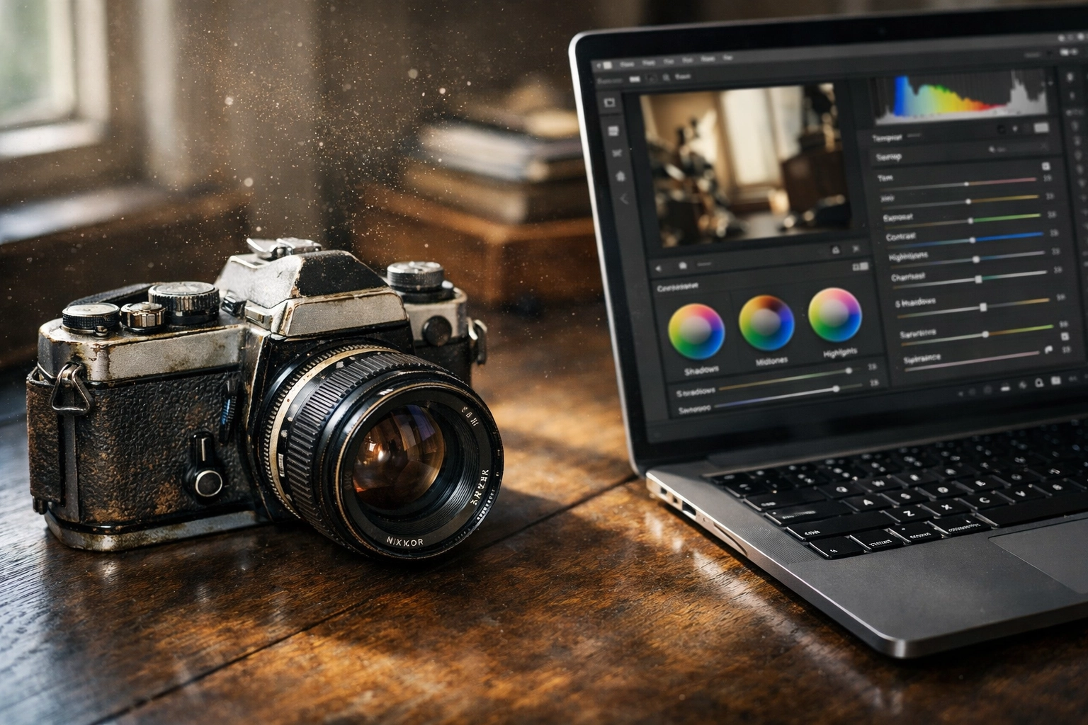 Vintage camera and laptop showing photo editing tutorials for modern digital photographers.