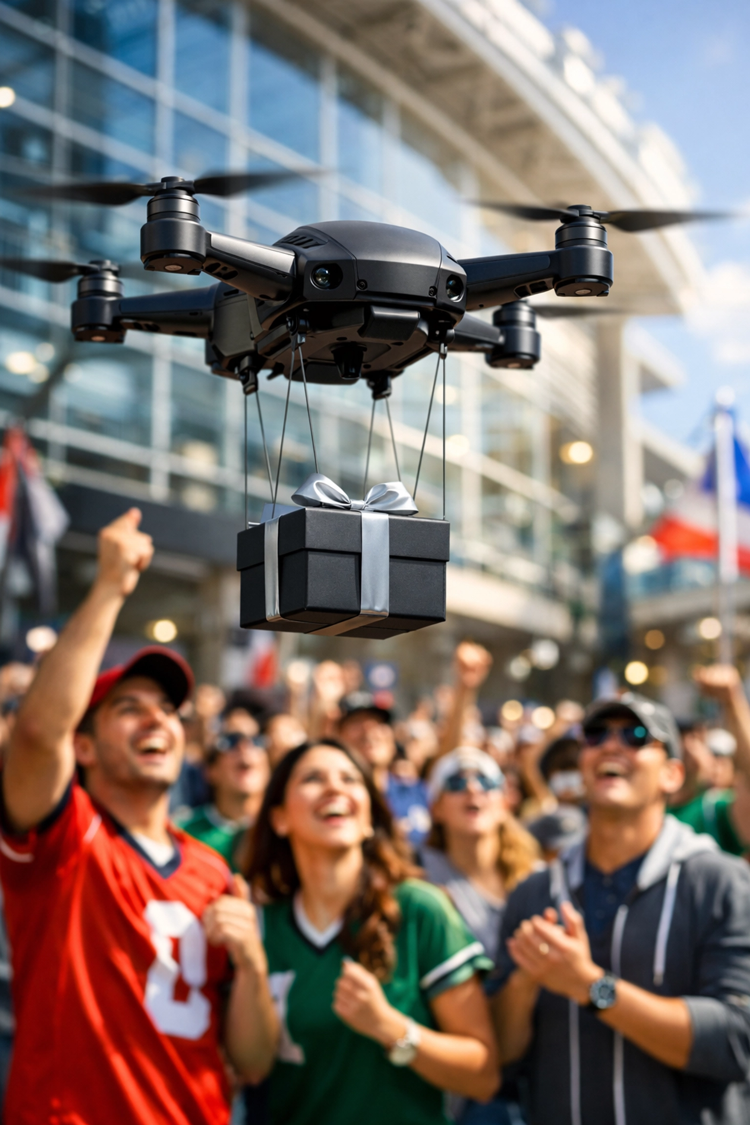 A high-tech delivery drone carrying promotional gifts for fans at a Super Bowl 2026 outdoor event.