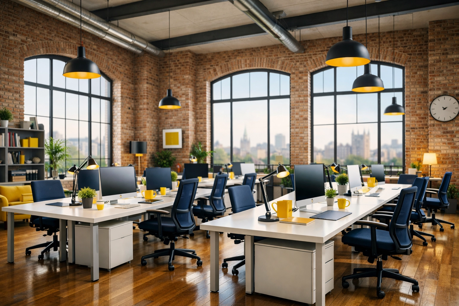 Spotless modern loft office workspace in Cambridge with clean white desks and blue chairs.