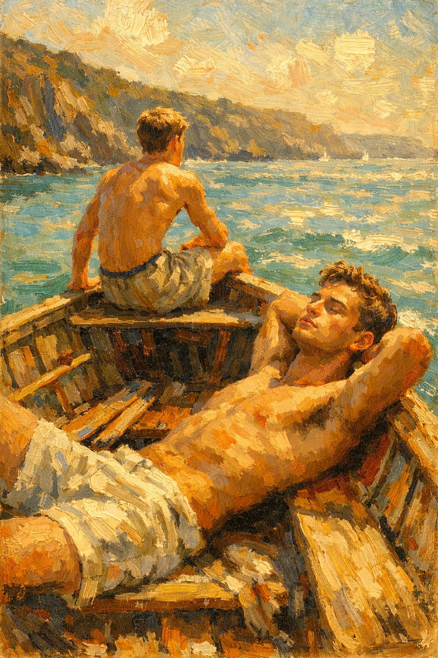 Impressionistic art of two men on a boat, evoking themes found in gay historical romance novels.