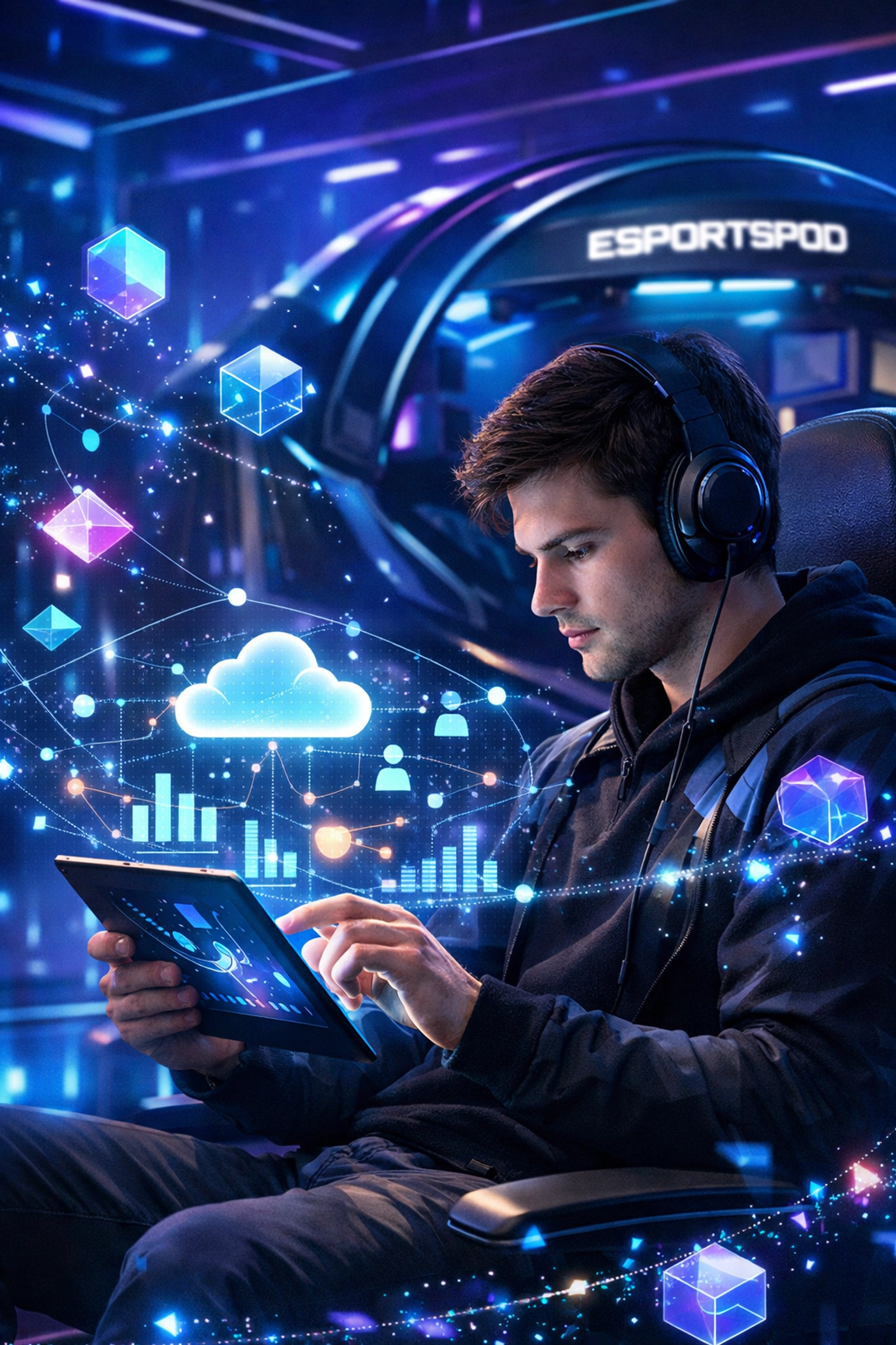 Realistic gamer analyzing cloud data on a tablet next to an AI-powered EsportsPod for Gen Z engagement.