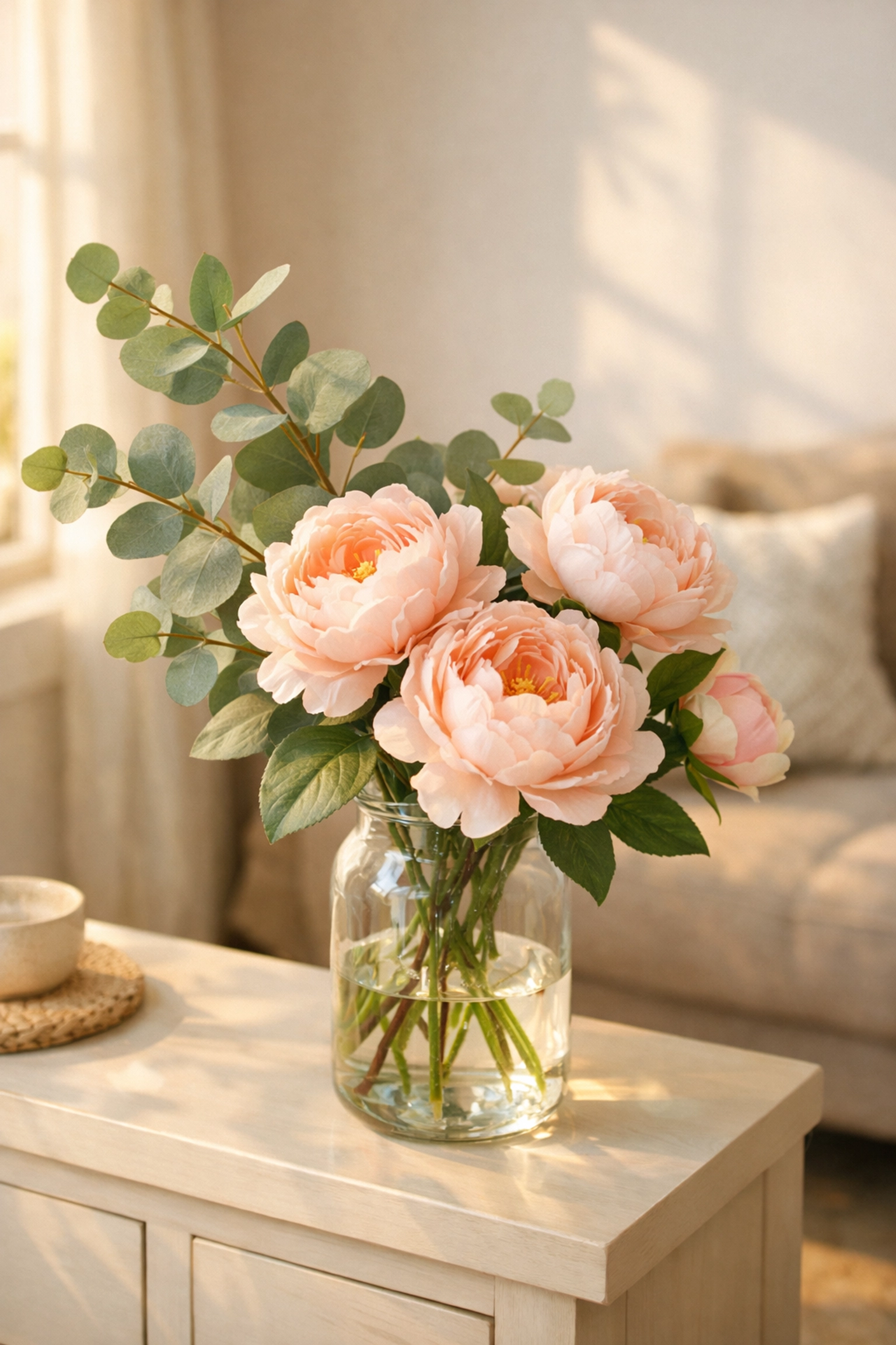 Faux peonies and eucalyptus in glass vase creating realistic spring home decor display