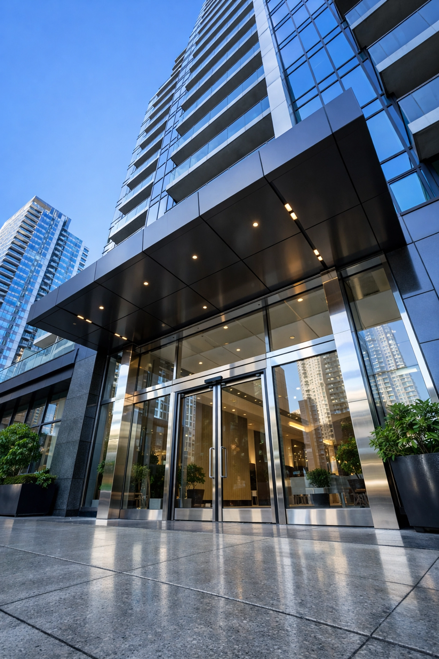 Sleek metropolitan apartment entrance reflecting high-standard property maintenance and professional janitorial care.