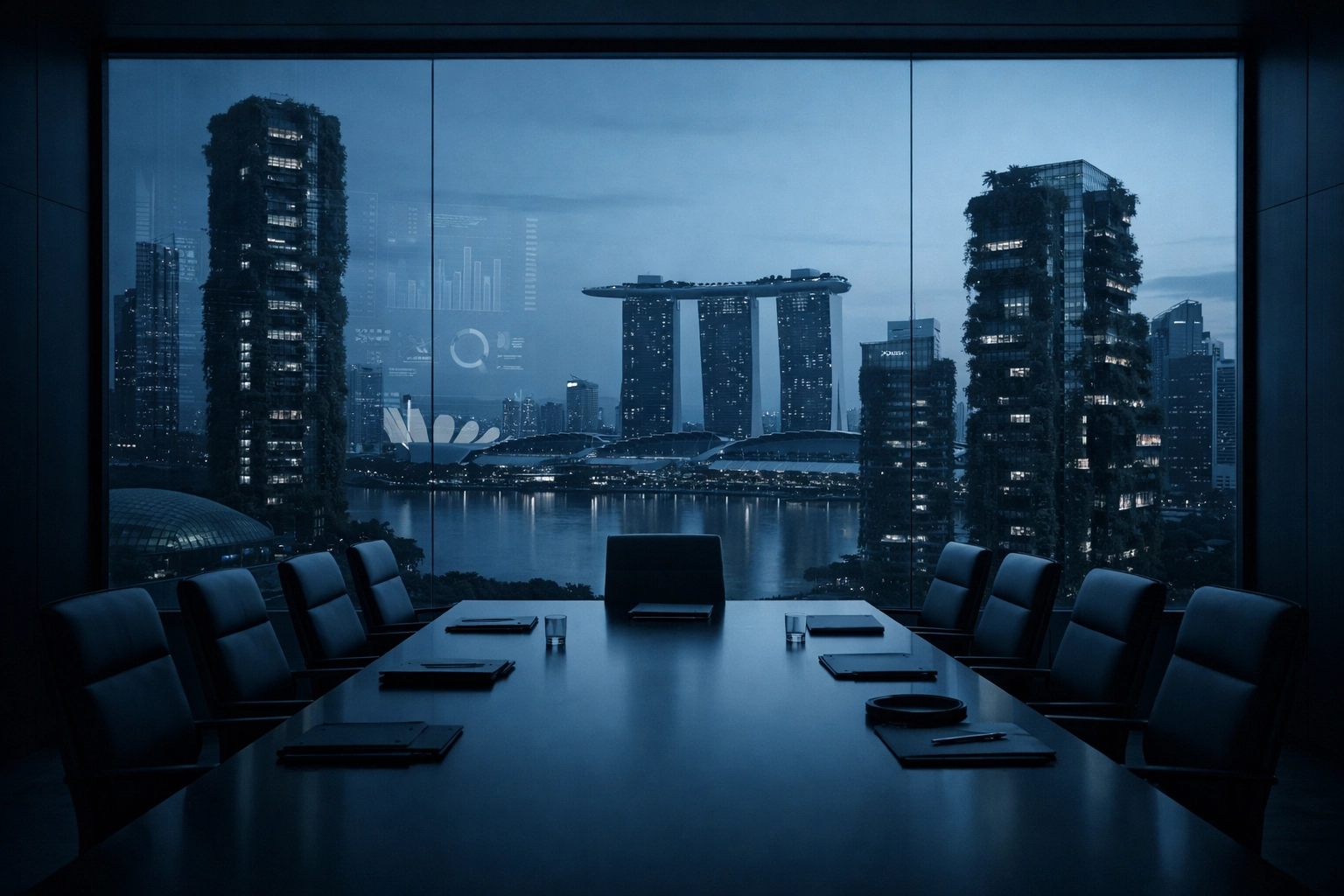 Singapore boardroom overlooking sustainable urban design, representing global consulting strategy.