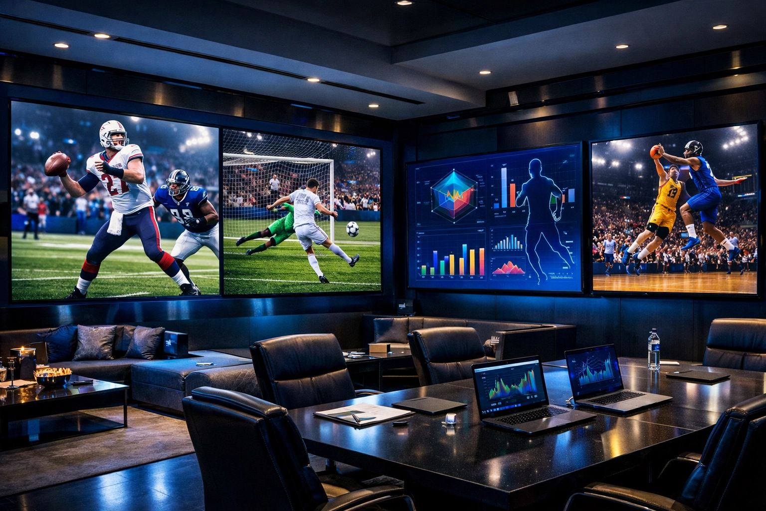 A modern sports marketing agency control room displaying high-impact media assets and real-time data.