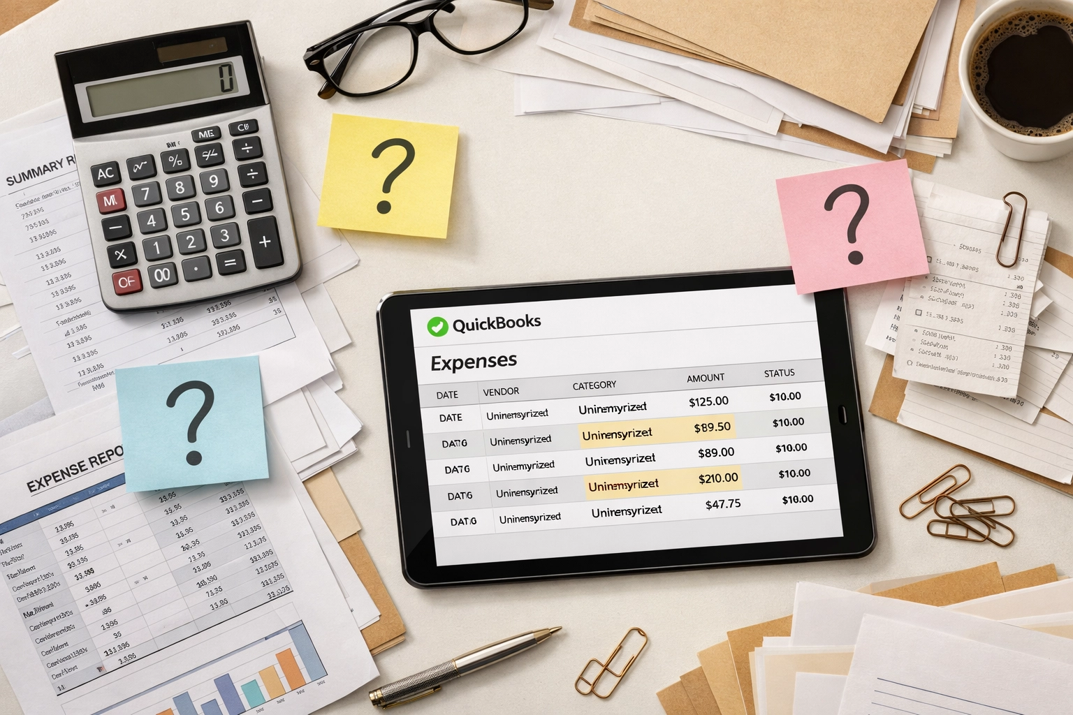 Uncategorized expenses in QuickBooks requiring bookkeeping cleanup and categorization