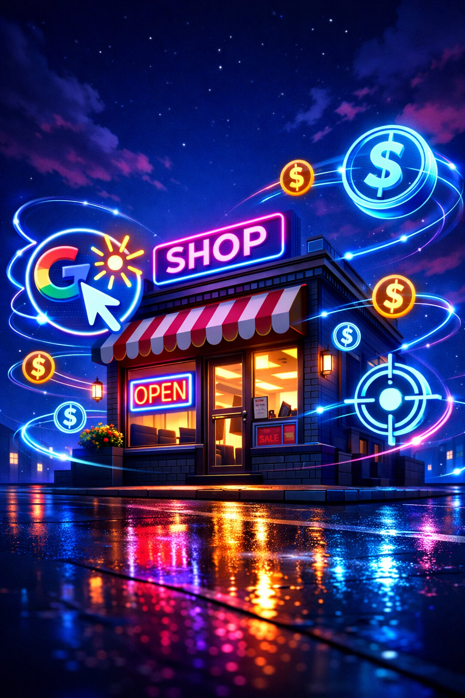 Small business storefront illuminated with Google Ads symbols representing pay-per-click advertising strategy