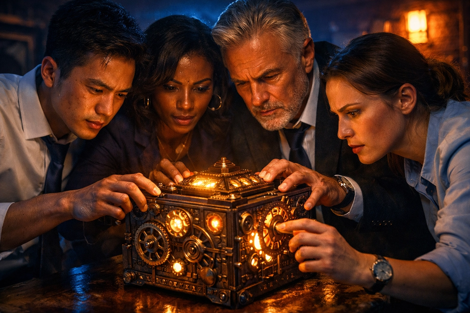 Office professionals collaborating on a challenging puzzle during a team building activity.