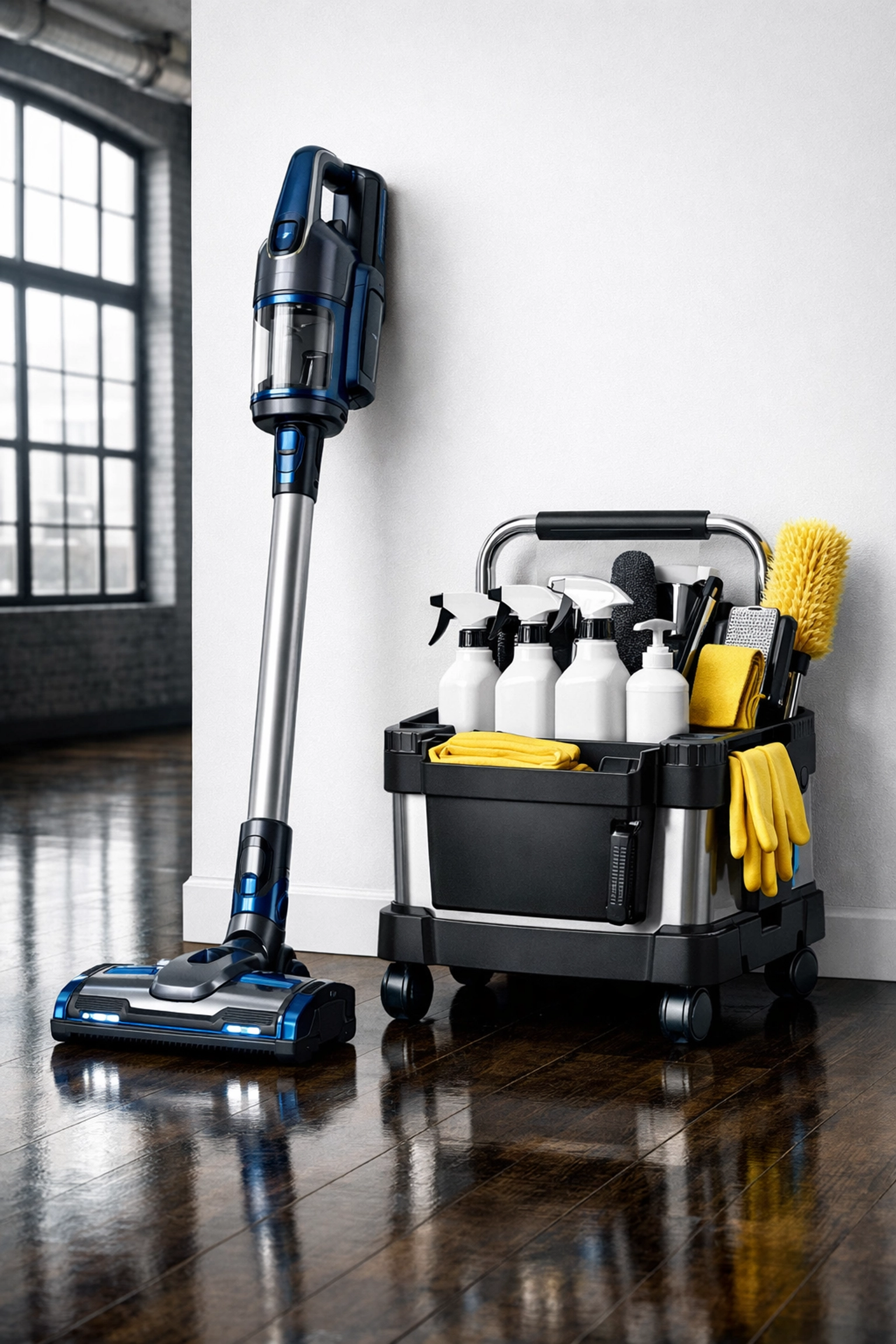Professional-grade vacuum and cleaning tools used for deep Lowell home cleaning in a modern loft.