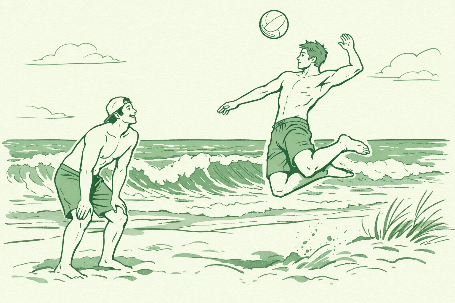 Gay men playing beach volleyball at Black's Beach with Pacific Ocean waves in background