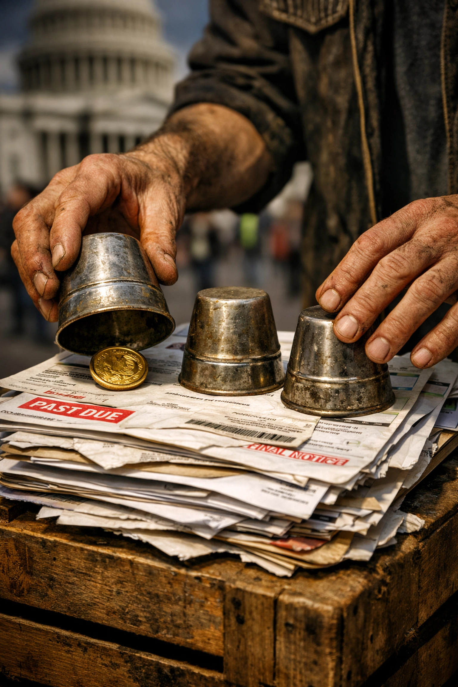 A shell game played on top of utility bills illustrating the gap between stimulus and reality.