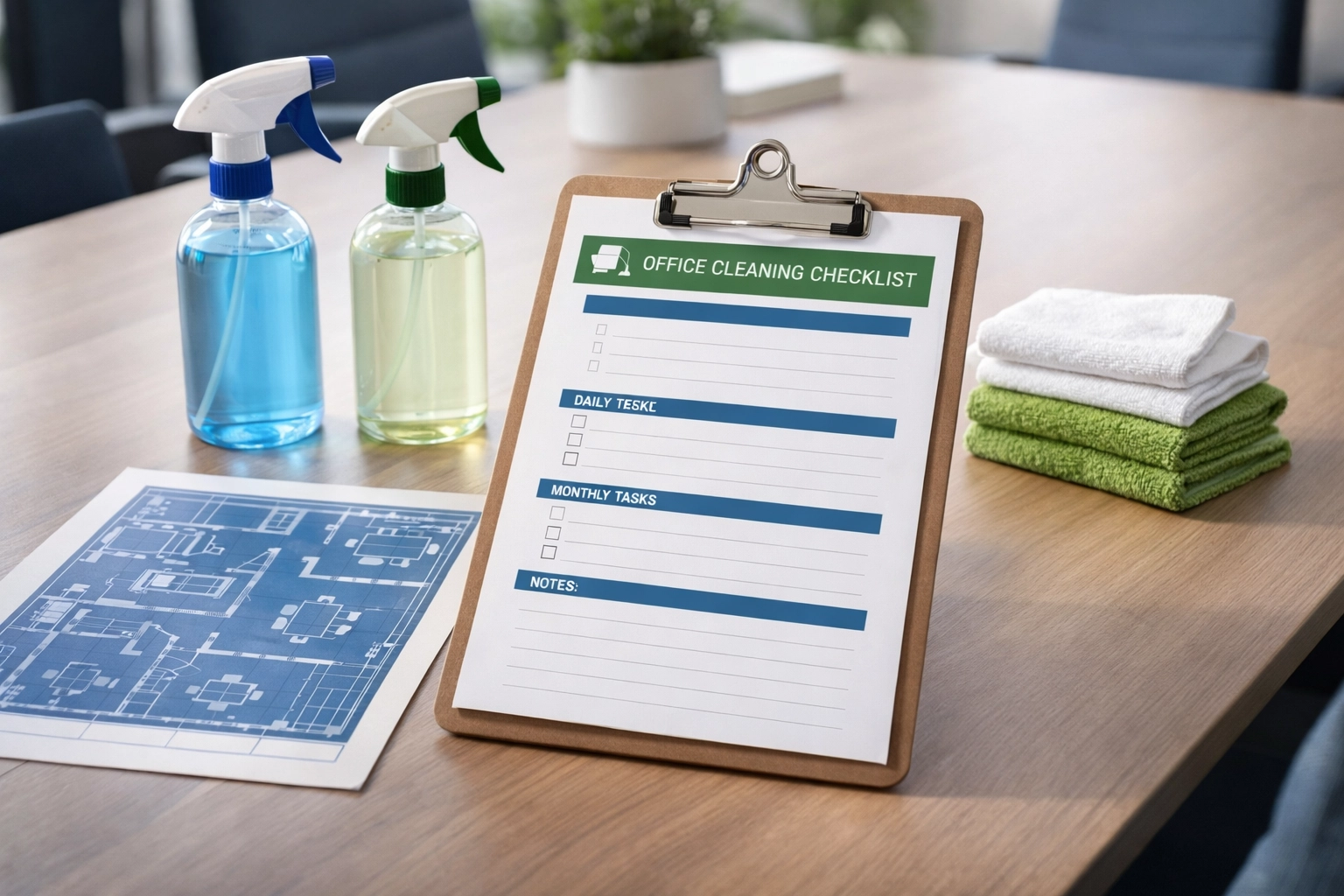 Customized office cleaning checklist with floor plan and professional cleaning supplies
