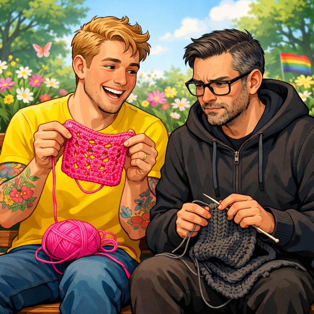 Two men sharing a crochet hobby on a park bench, reflecting the grumpy-sunshine MM romance trope.