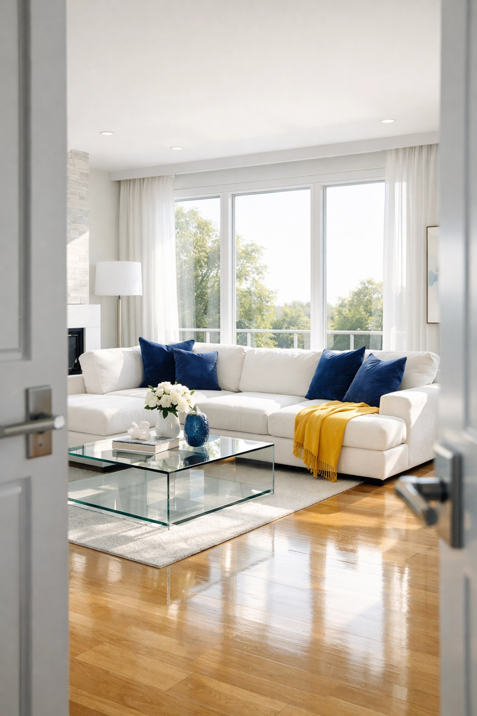 Pristine luxury living room with spotless hardwood floors prepped by an Airbnb cleaning service for a Superhost.