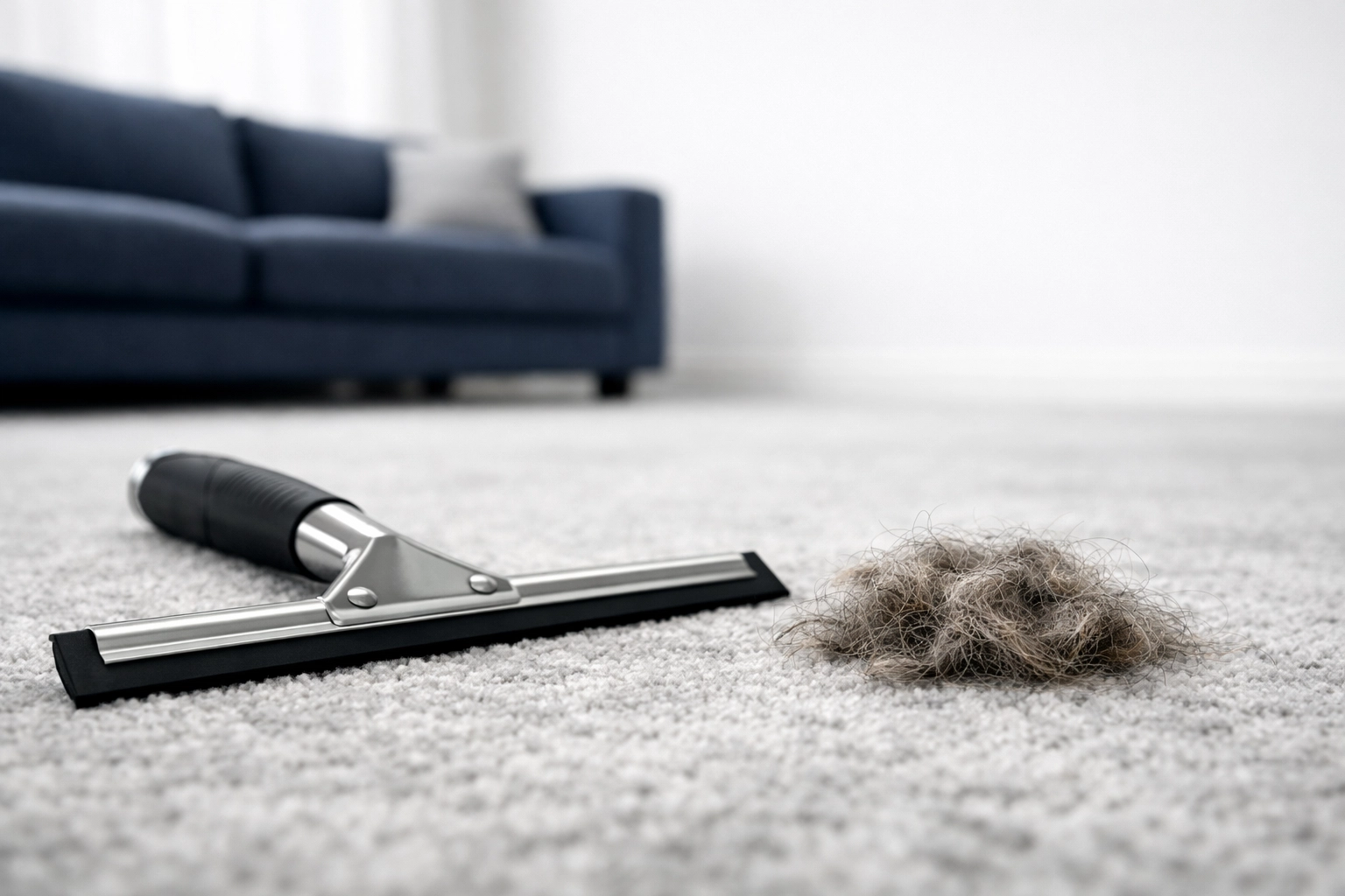 A window squeegee next to a clump of pet hair on a clean gray carpet in a modern living room.