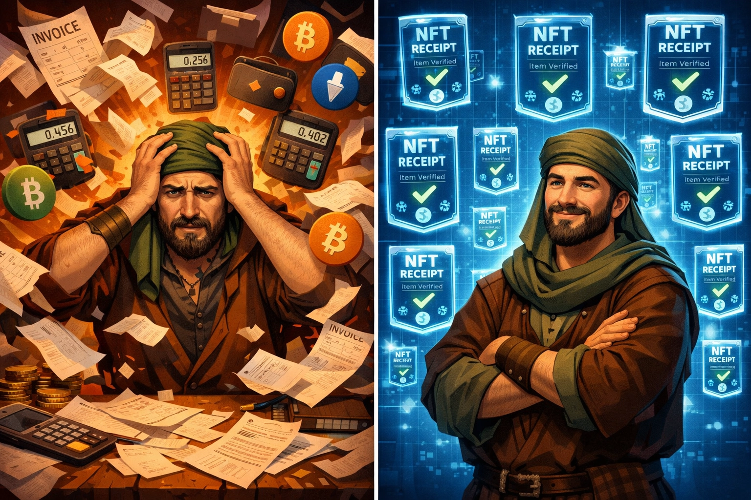 NFT receipt system for merchants showing organized blockchain accounting versus traditional chaos