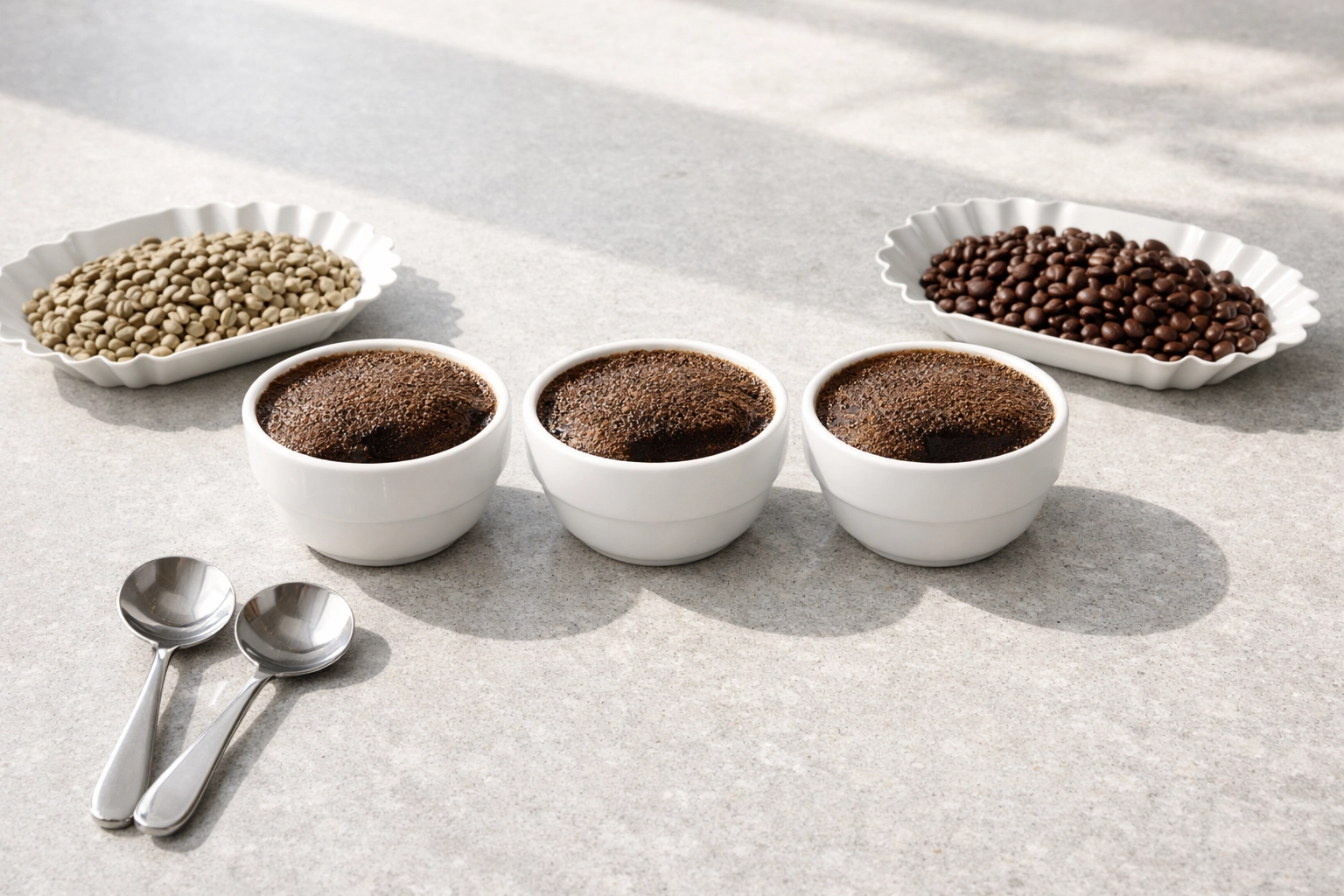 Professional coffee cupping setup with bowls and spoons for evaluating roast quality.