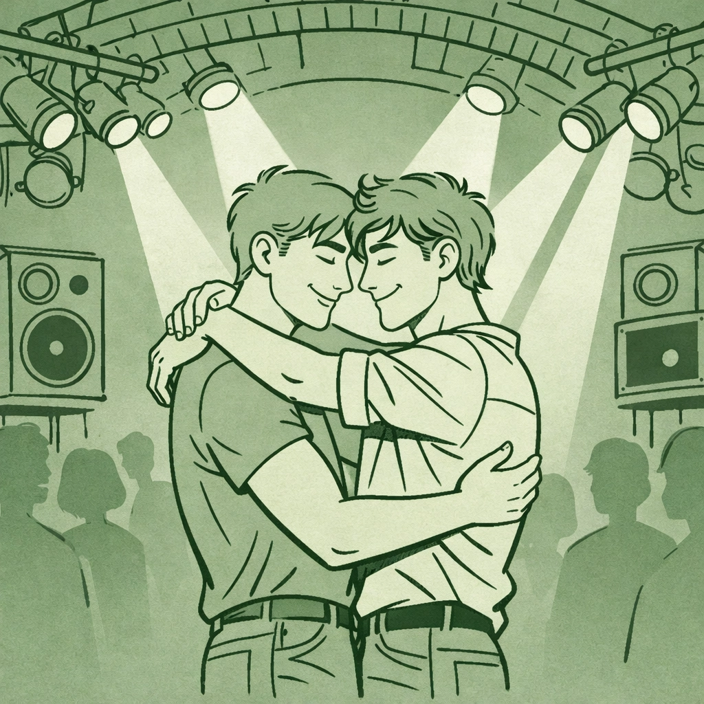 Two men dancing at Heaven London gay nightclub under stage lights in brick railway arches